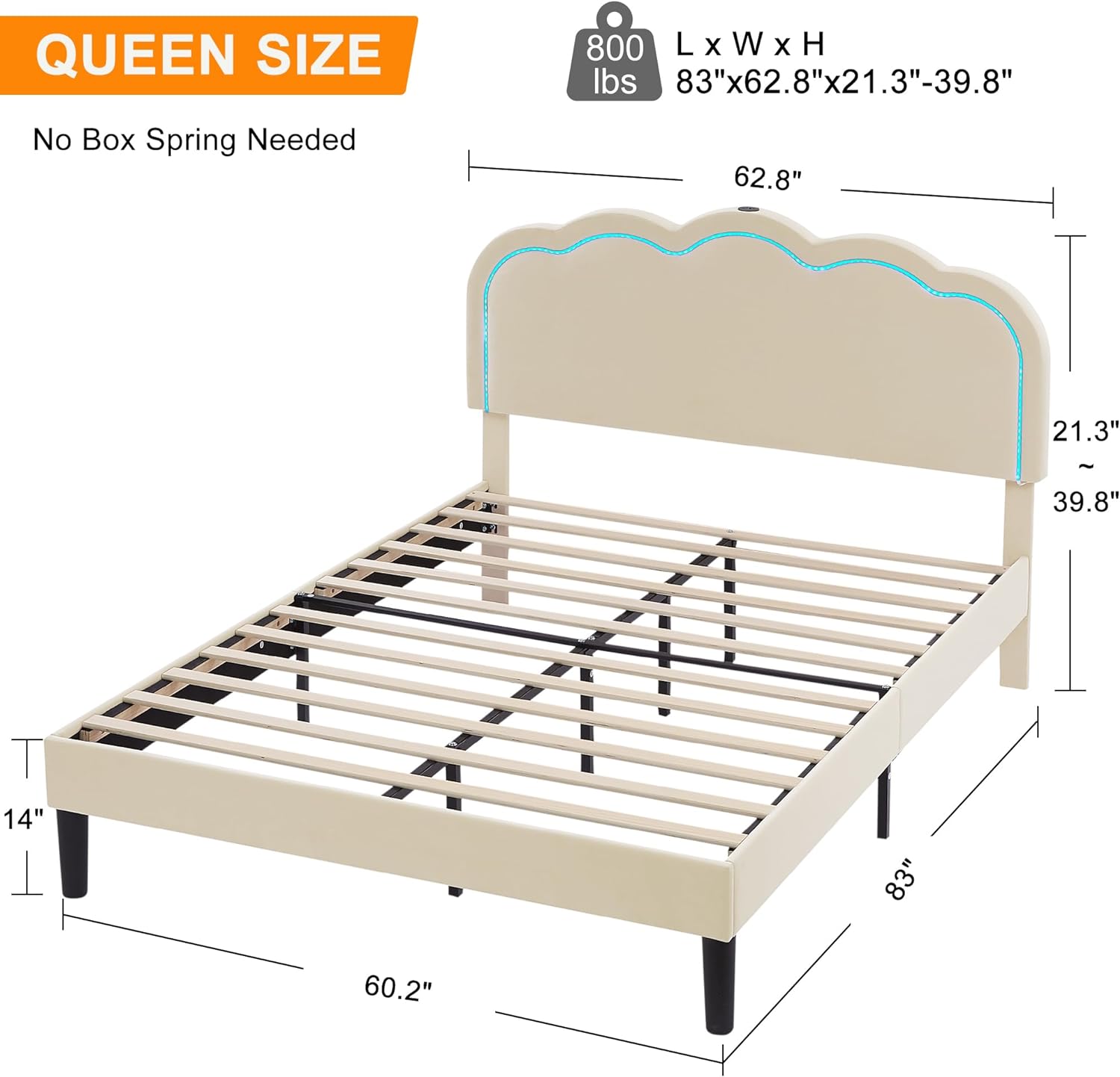 VECELO Upholstered Velvet Platform Bed Frame with Headboard Adjustable, LED Lights, USB-A & Type-C