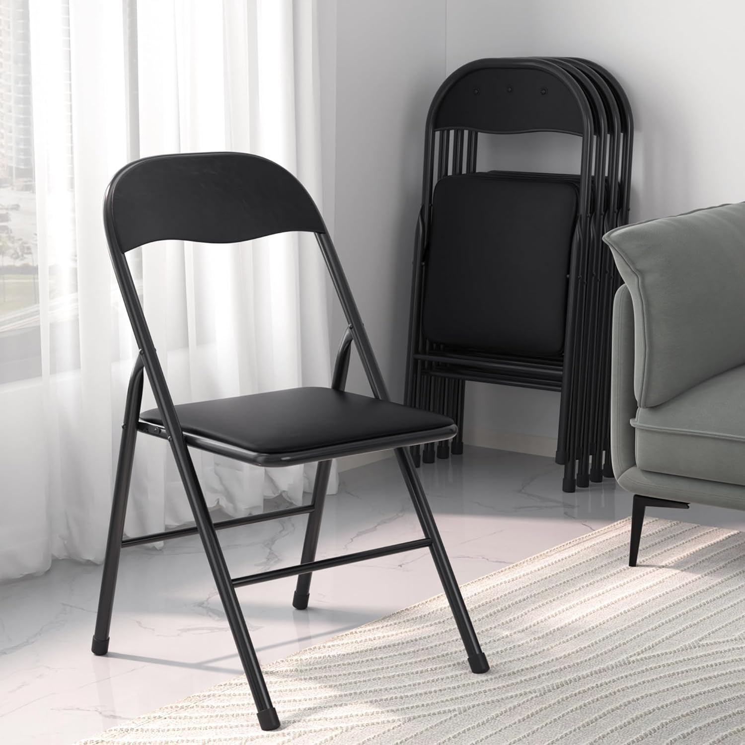 VECELO Folding Chairs 4 Pack Metal Portable with Soft PU Padded Seats