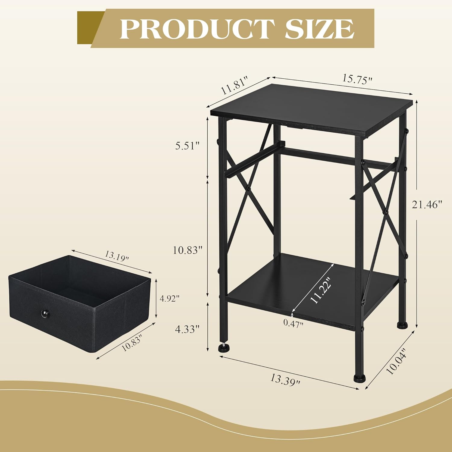 VECELO Nightstand Set of 2, X-Design End Side Table with Fabric Storage Drawer and Open Shelf