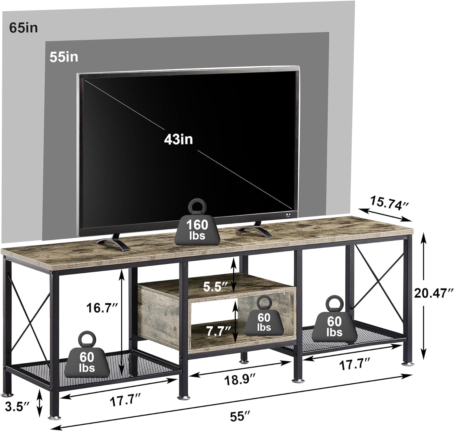 VECELO Industrial TV Stand Television Cabinet 3-Tier Console with Open Storage Shelves, Entertainment Center with Metal Frame for Living Room - VECELO