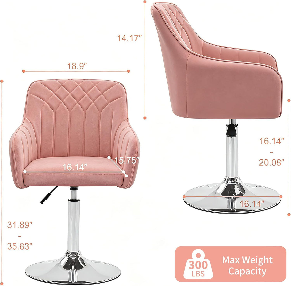 VECELO Modern Accent Chair with Adjustable Height Swivel Vanity Chair with Velvet Seat