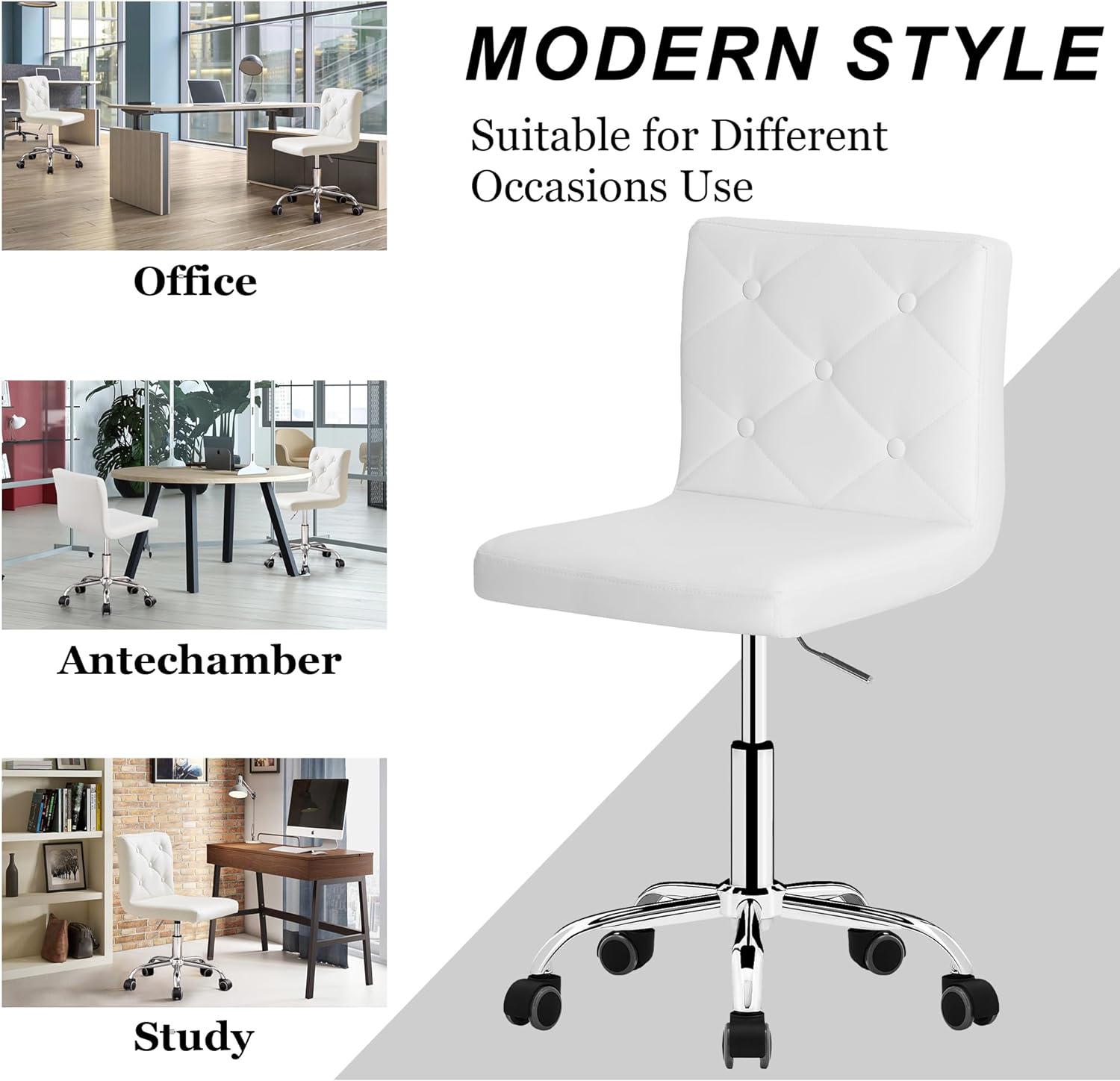 VECELO PU Leather Mid-Back Armless Desk Chair Adjustable Height 360° Rolling Swivel