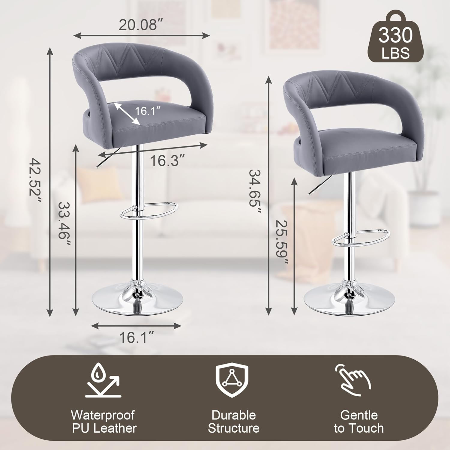 VECELO Bar Stools Set of 2 Adjustable Swivel Modern Pu Leather Barstools - VECELO