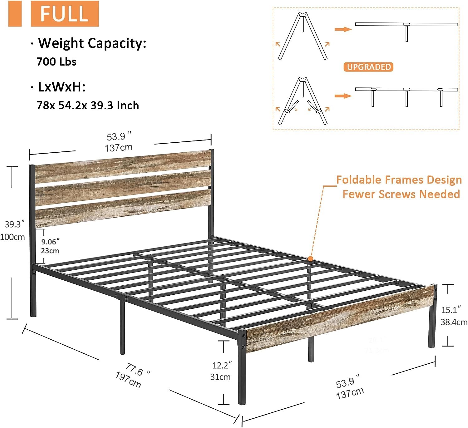 VECELO Platform Bed Frame with Rustic Vintage Wood Headboard/Strong Metal Slats Support