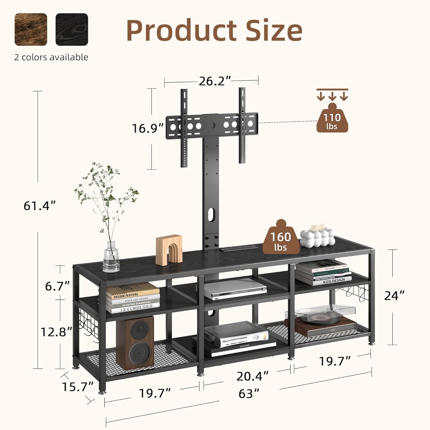 VECELO TV Stand with Mount and Power Outlets