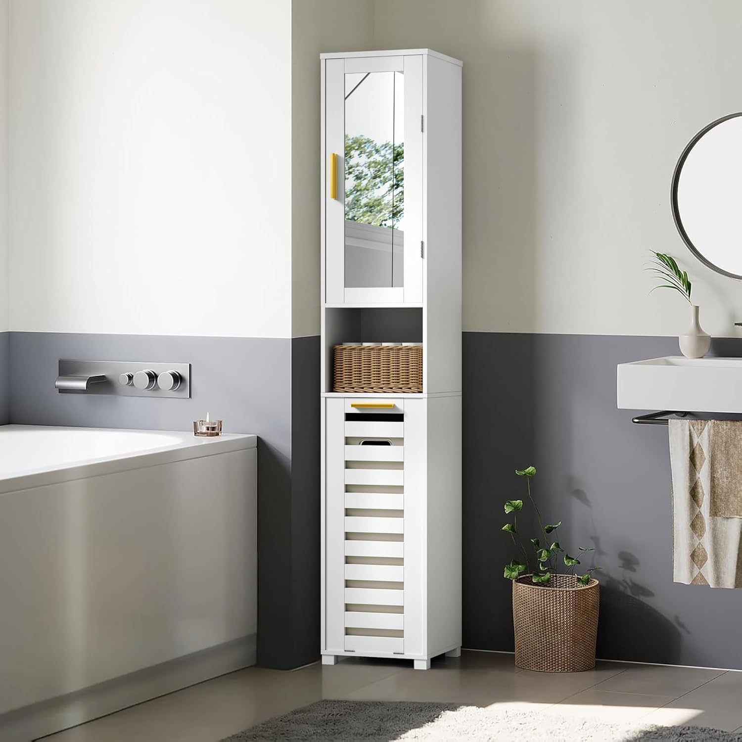 VECELO Tall Bathroom Storage Cabinet with Mirror and Hidden Basket