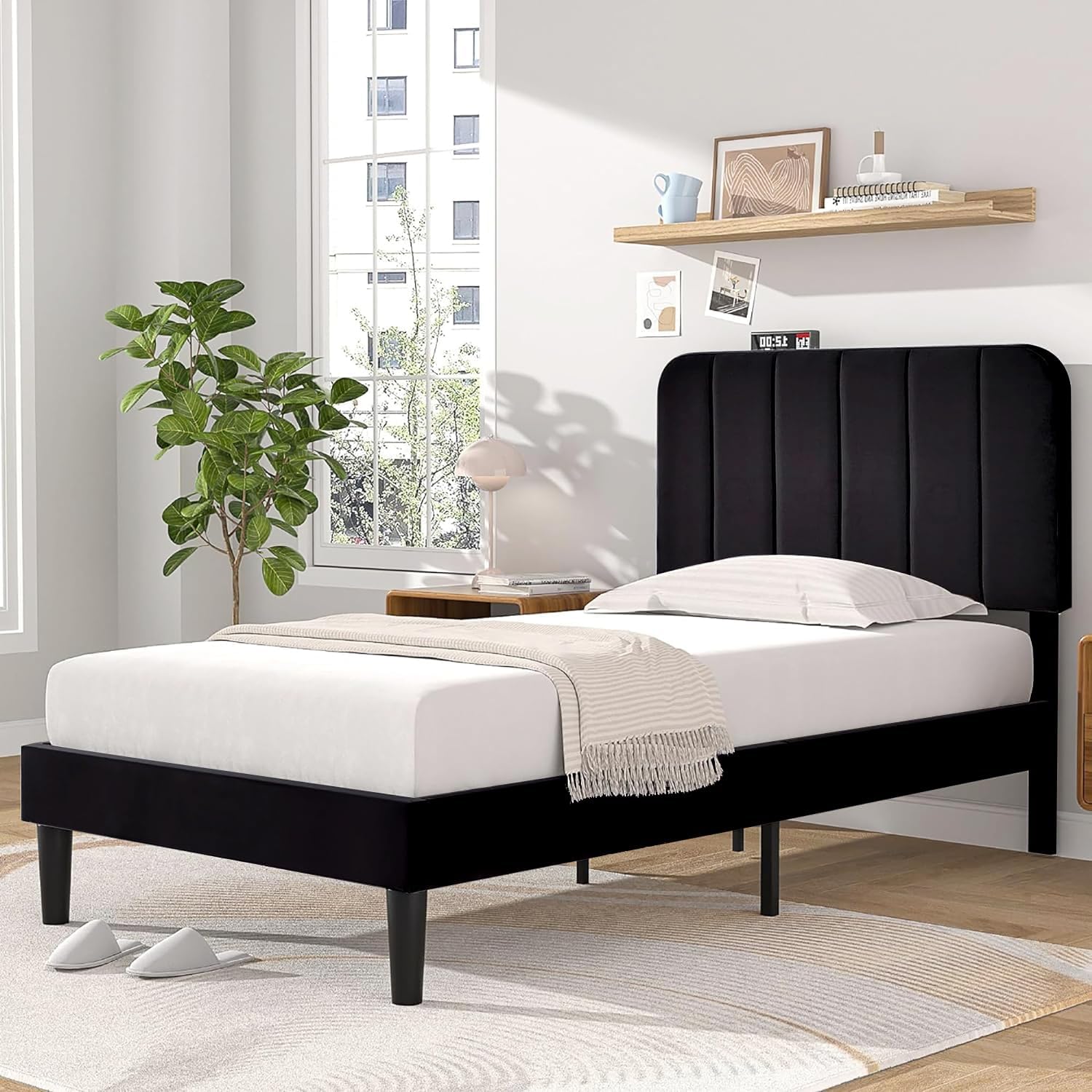 VECELO Twin Size Bed Frame with Adjustable Headboard, Velvet Heavy Duty Platform Beds with Strong Wood Slats Support