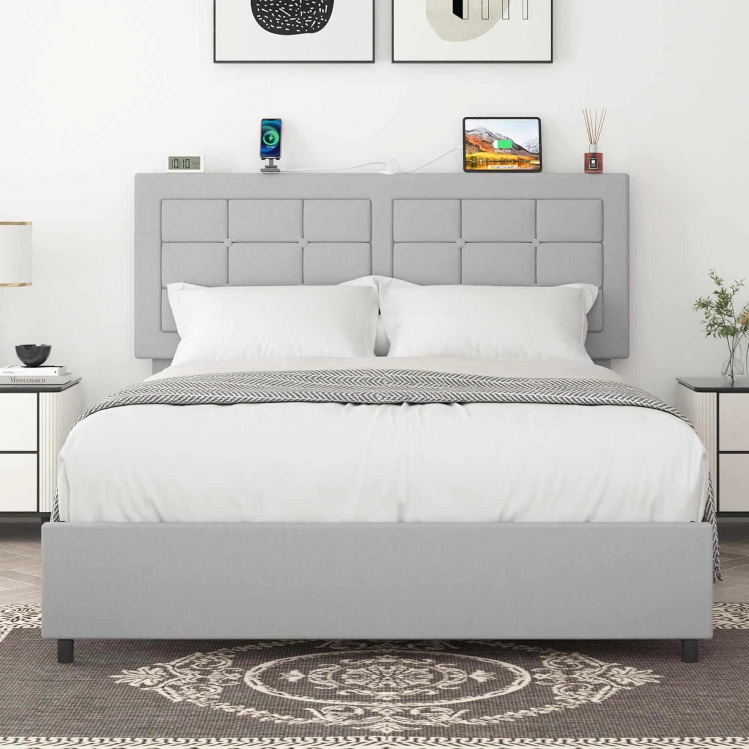 VECELO Bed Frame with 4 Drawers, Adjustable Tufted Button Headboard