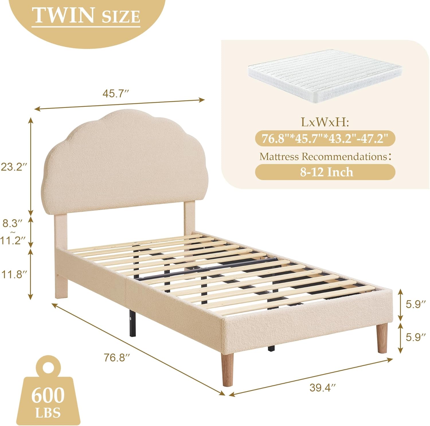 VECELO Twin Size Bed Frame, Upholstered Platform Bedframe with Height Adjustable Plush Fabric Headboard