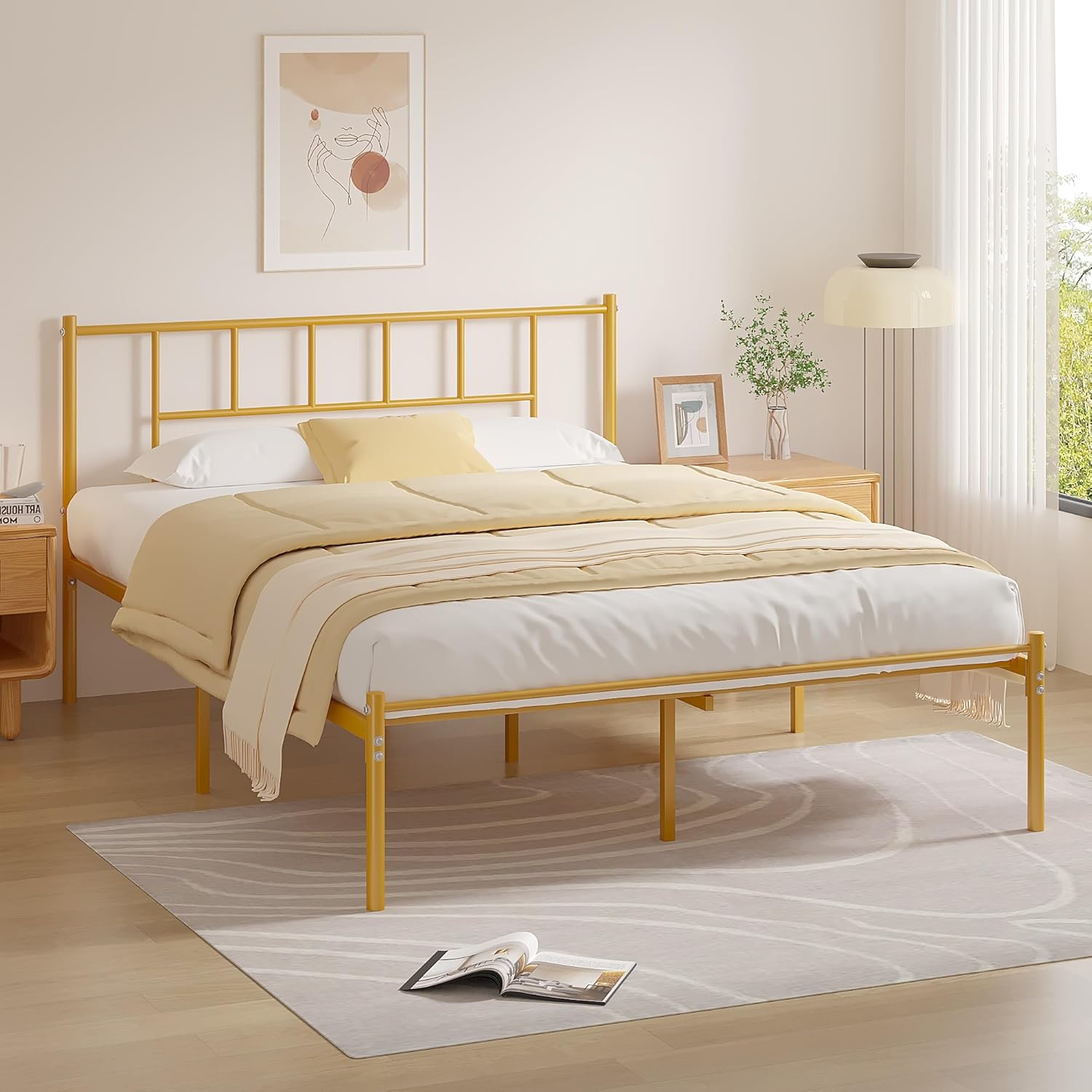 VECELO Bed Frame, 14 Inch Metal Platform with Headboard, Heavy Duty Steel Slat Support - VECELO