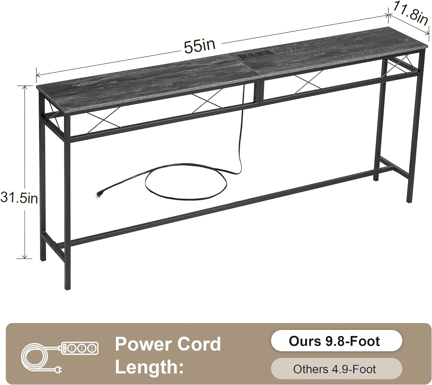 VECELO Extra Long Narrow Sofa/Console Table with Charging Station & Power Outlet and USB Ports - VECELO