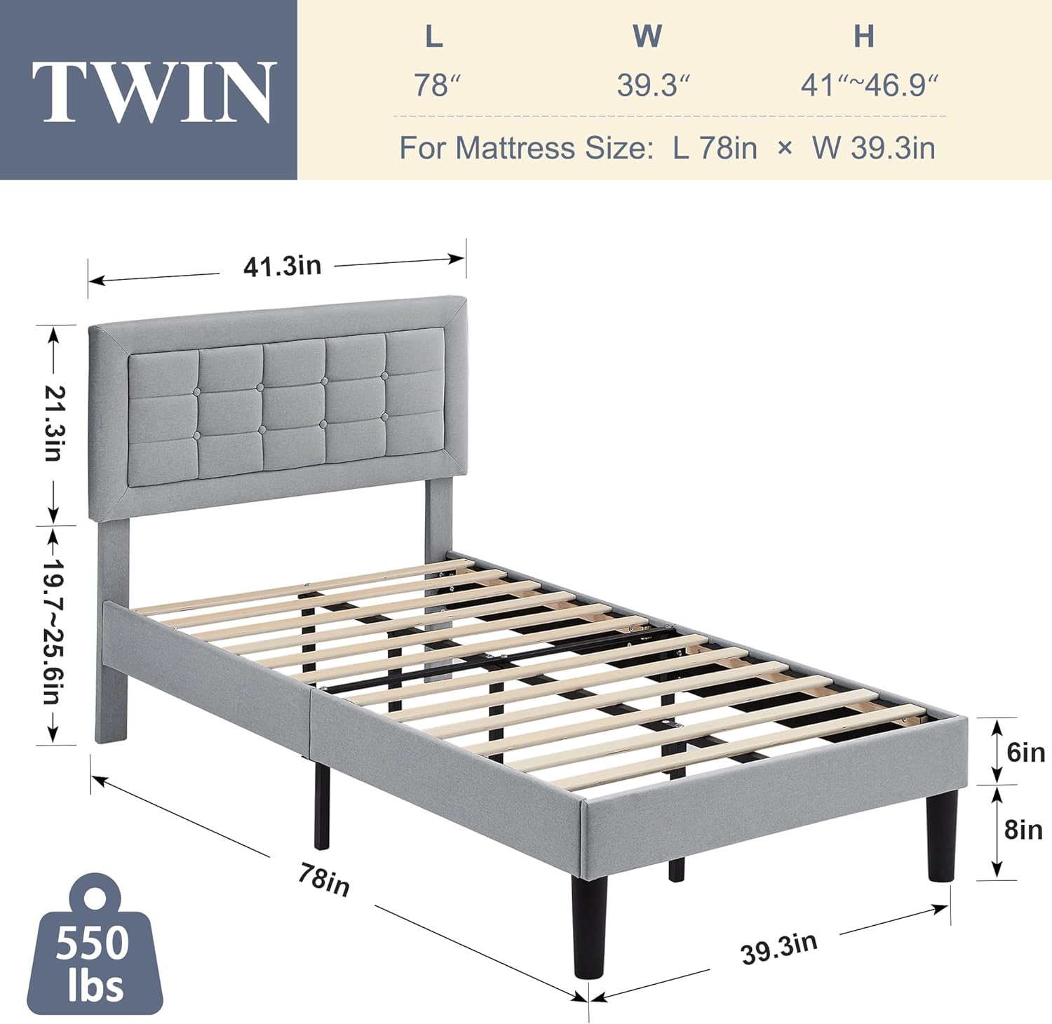VECELO Upholstered Platform Bed Frame with Height Adjustable Headboard - VECELO