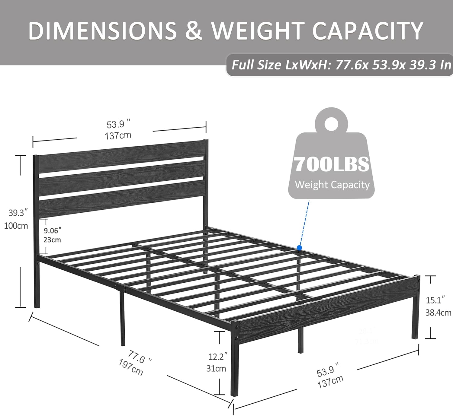 VECELO Platform Bed Frame with Rustic Vintage Wood Headboard/Strong Metal Slats Support