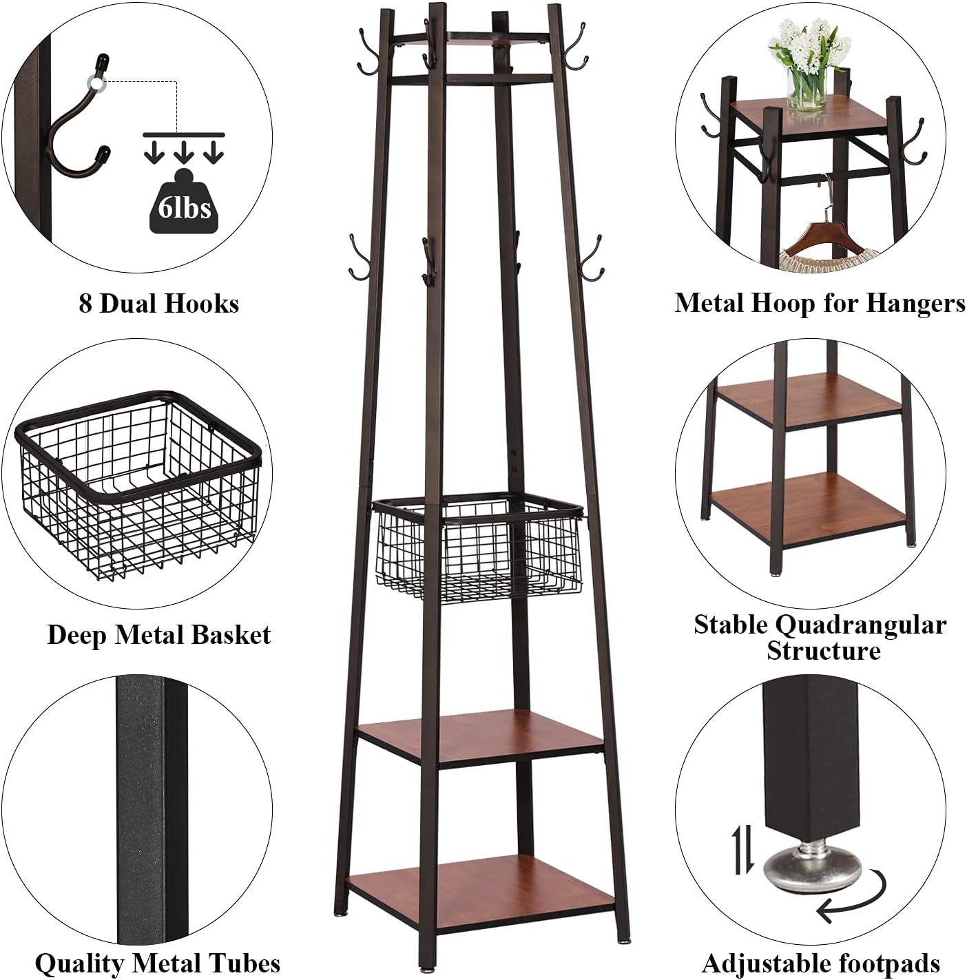 VECELO Coat Rack Freestanding Hall Tree - VECELO