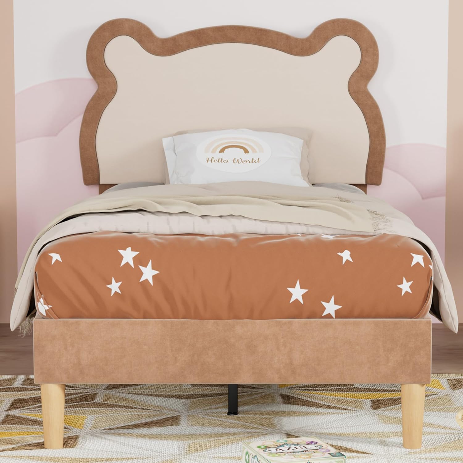 VECELO Twin Bed Frames for Kids, Upholstered Platform Bed with Adjustable Lovely Bear Headboard and 12 Solid Wooden Slats Support