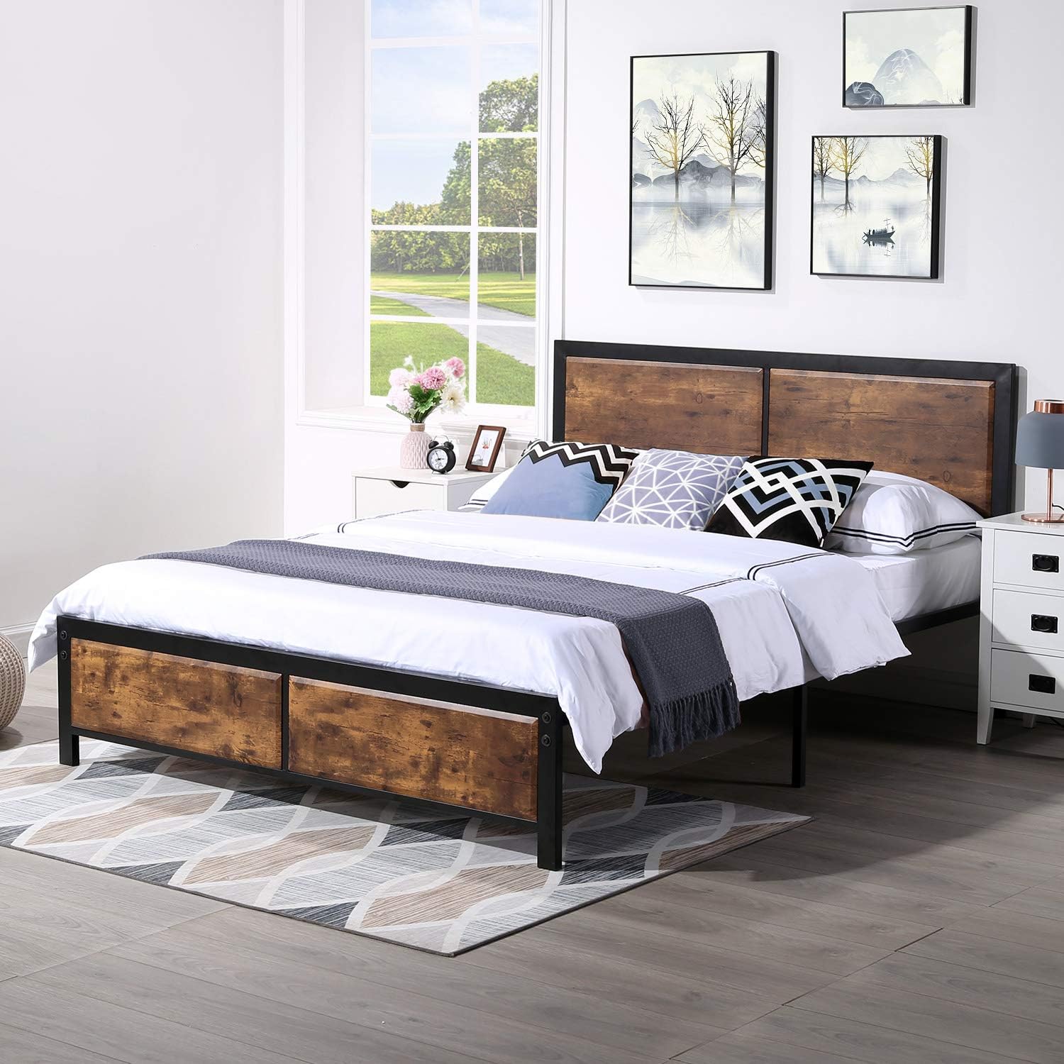 VECELO Full Platform Bed Frame with Rustic Vintage Wood Headboard