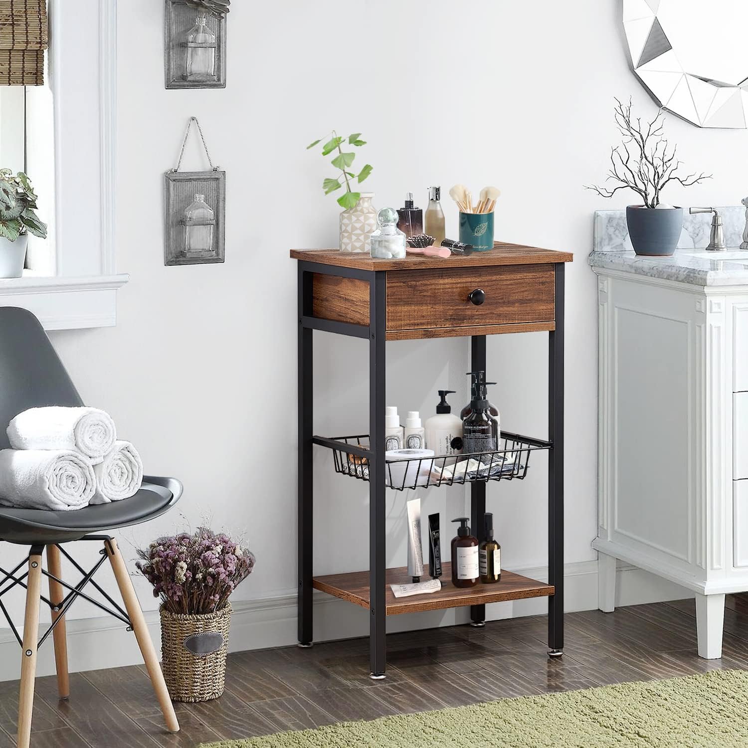 VECELO Industrial Retro Side Nightstand with Storage Shelf Tall End Tables - VECELO