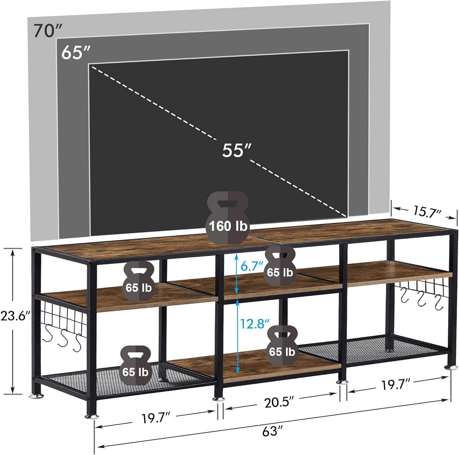 VECELO TV Stand Entertainment Center Media Console with 3-Tier Open Storage Shelves, Cabinet Table for Living Room Brown