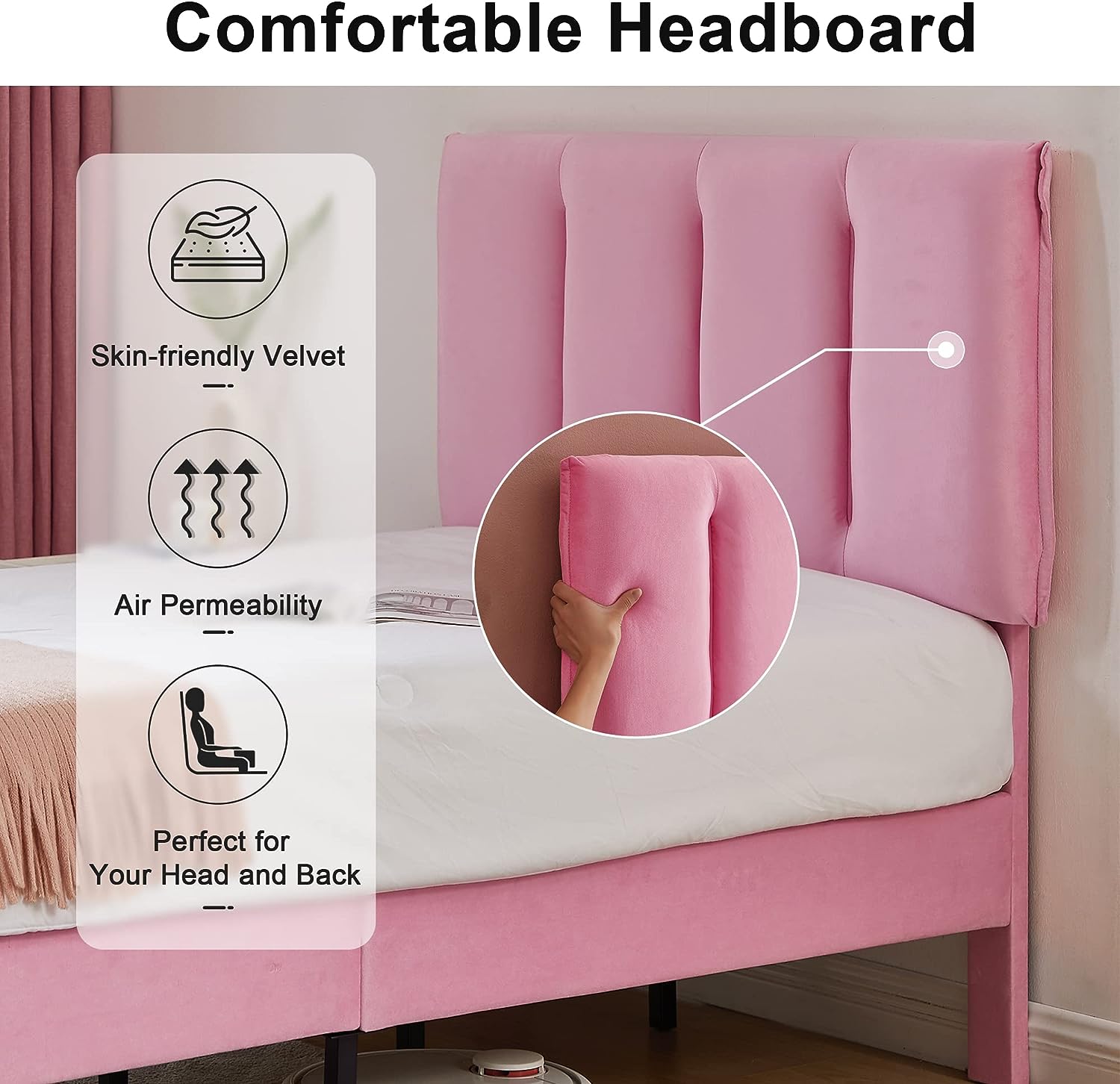 VECELO Modern Upholstered Platform Bedframe, Adjustable Headboard