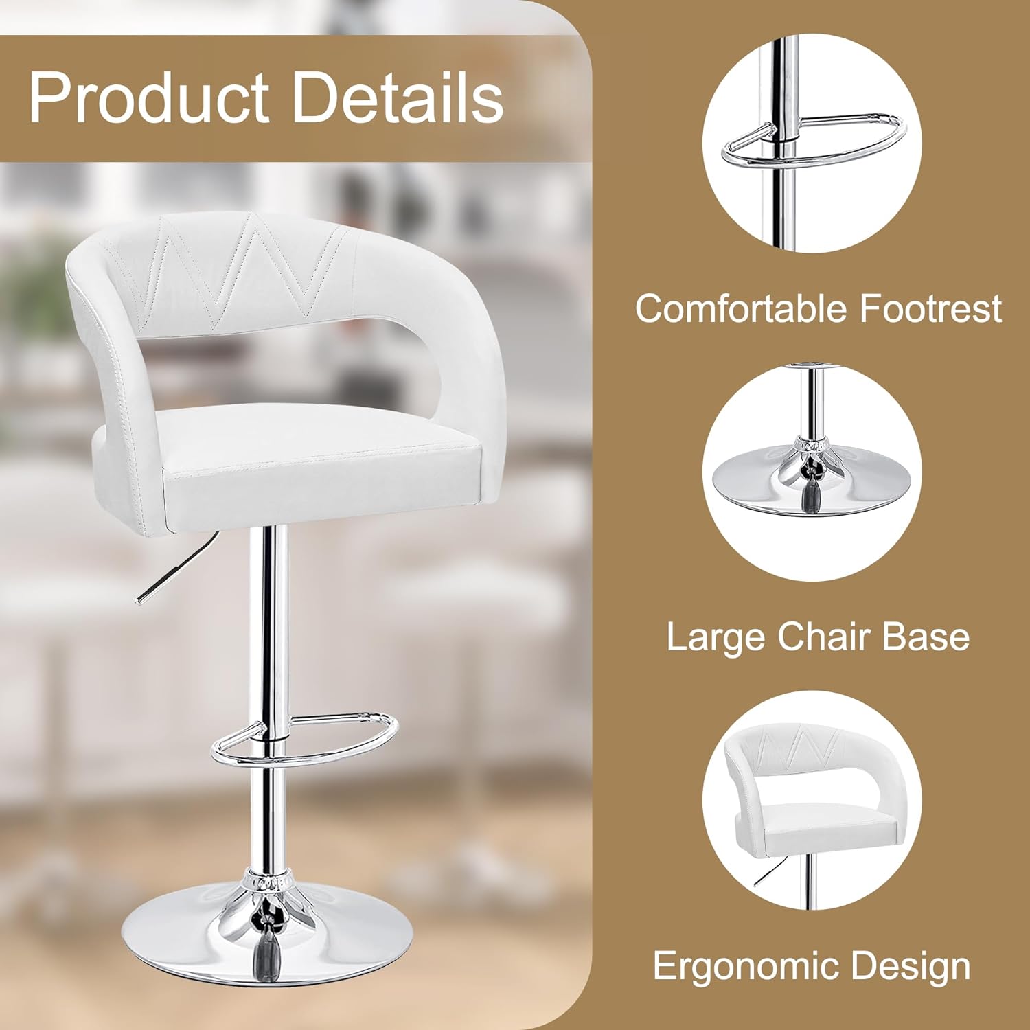 VECELO Bar Stools Set of 2 Adjustable Swivel Modern Pu Leather Barstools - VECELO