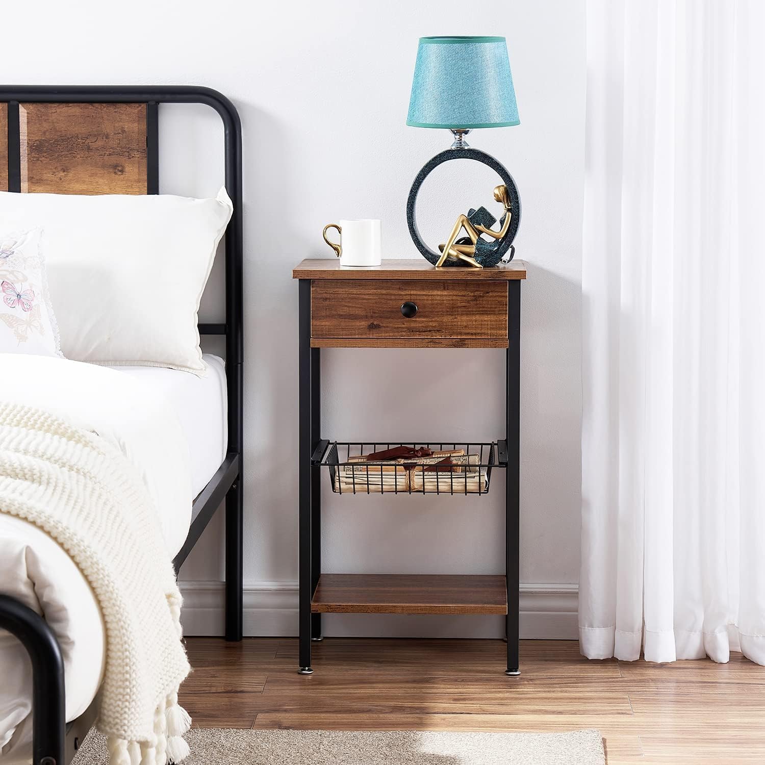 VECELO Industrial Retro Side Nightstand with Storage Shelf Tall End Tables - VECELO