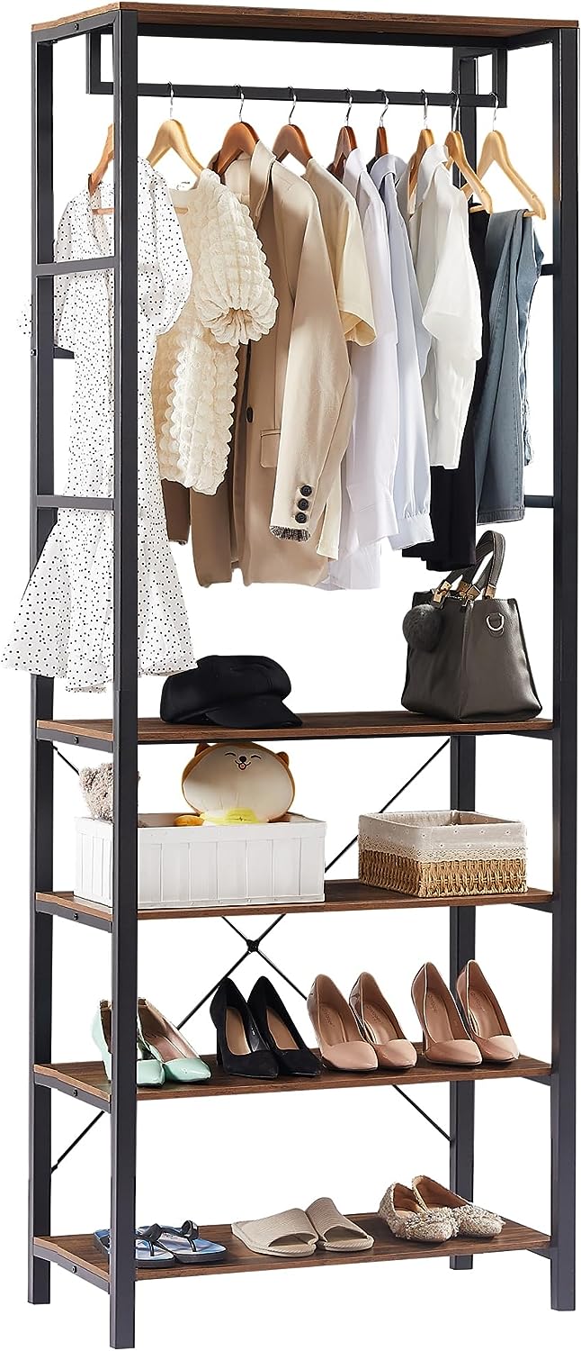 VECELO Coat, Entryway Hall Tree with 4-Tier Shoe Rack and Hanging Rod - VECELO