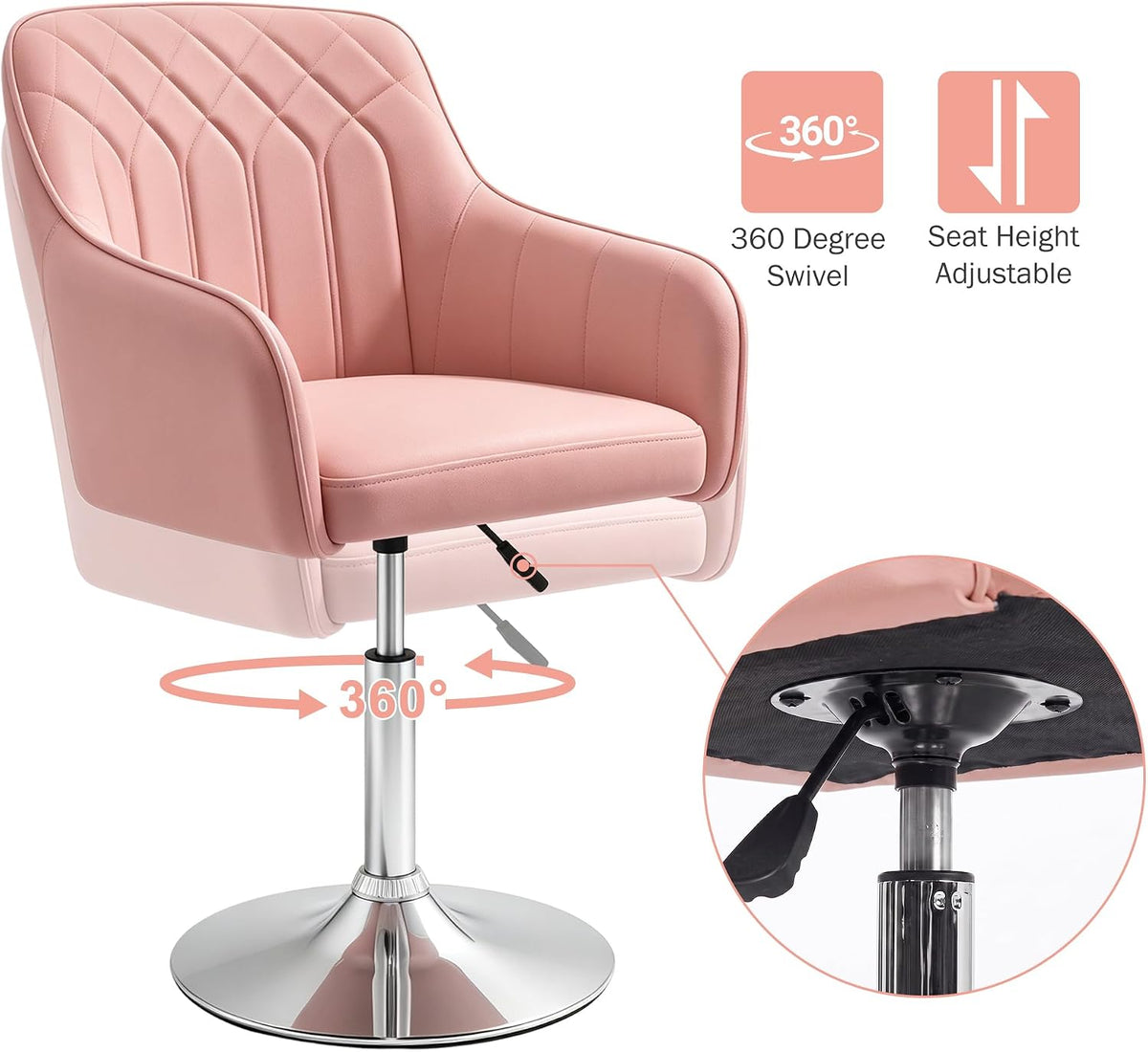 VECELO Modern Accent Chair with Adjustable Height Swivel Vanity Chair with Velvet Seat