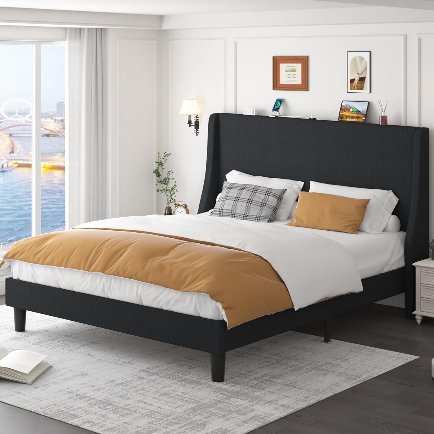 VECELO Bed Frame with Upholstered Wingback Headboard