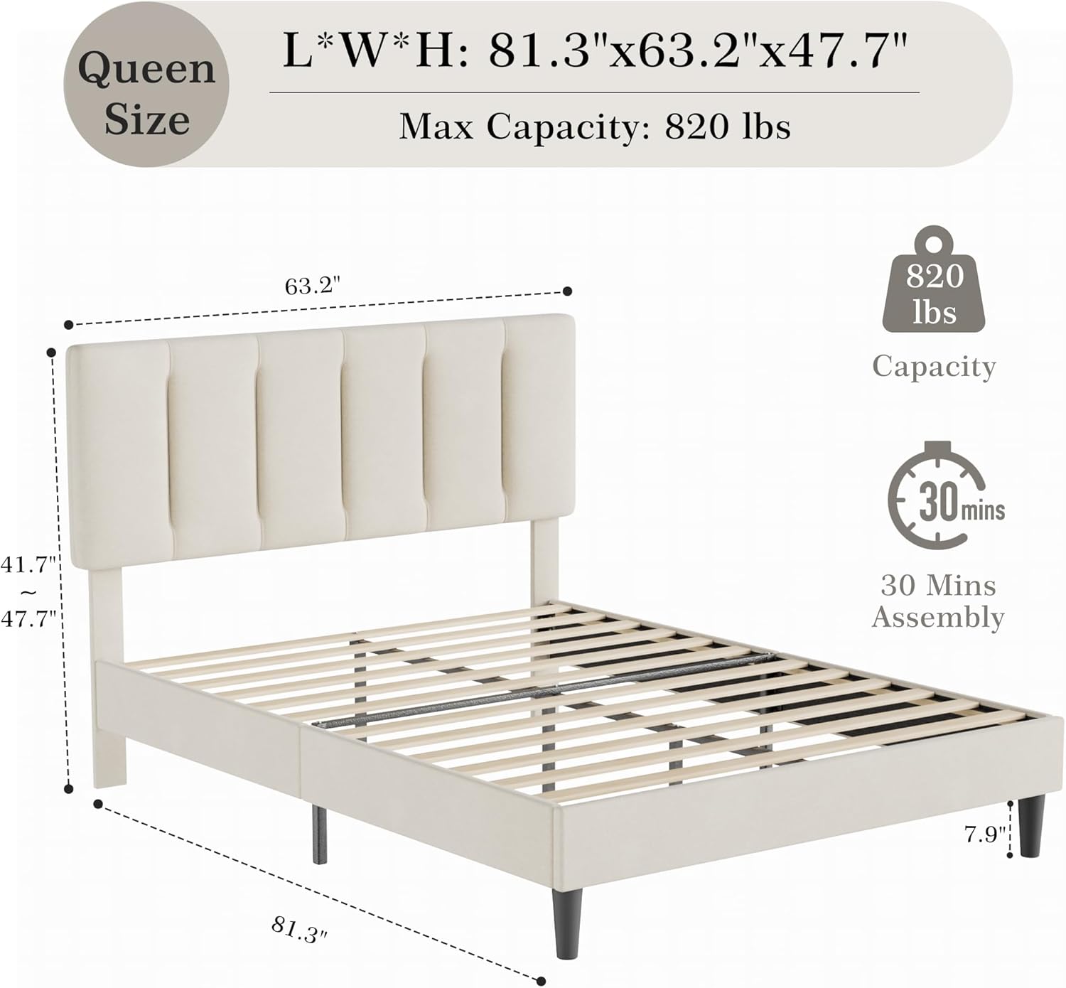 VECELO Modern Upholstered Platform Bedframe, Adjustable Headboard - VECELO