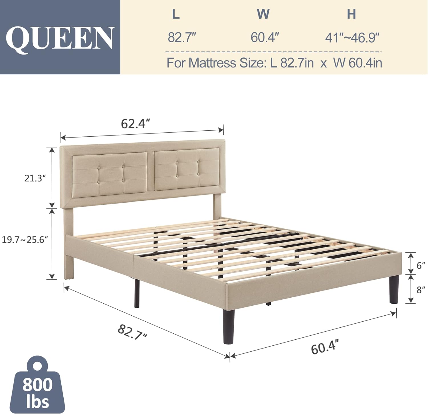 VECELO Upholstered Platform Bed Frame with Height Adjustable Headboard - VECELO