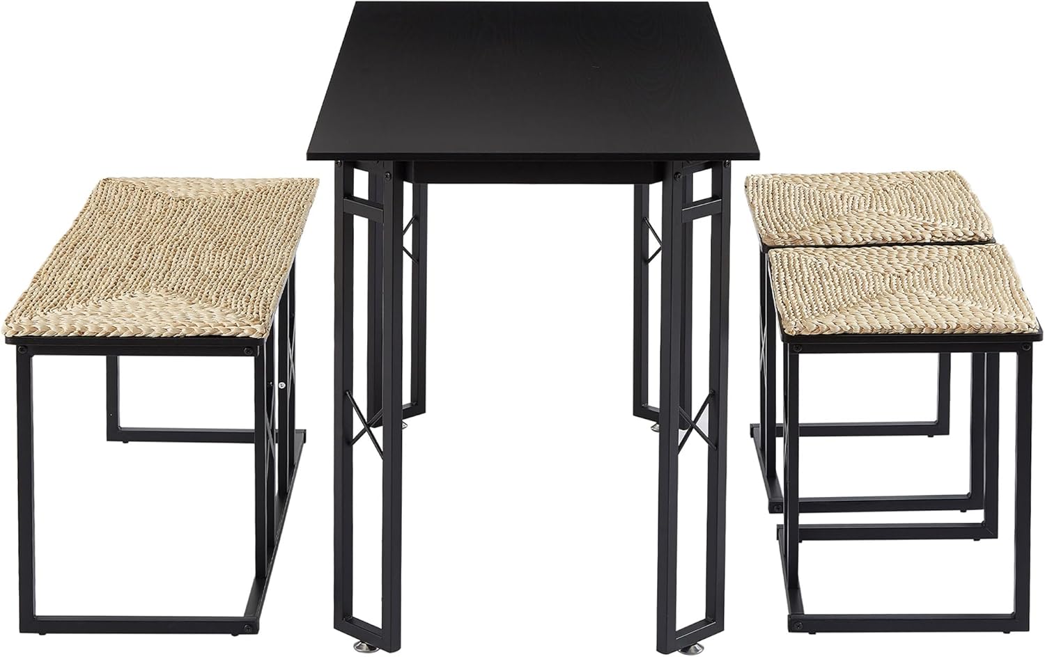 VECELO 43.3" Farmhouse Room Sets for 4 with 3 Benches Wicker-Knot Cushions - VECELO