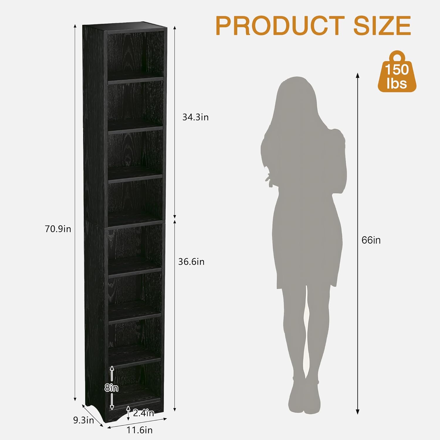 VECELO 8-Tier Tall Narrow Bookshelf