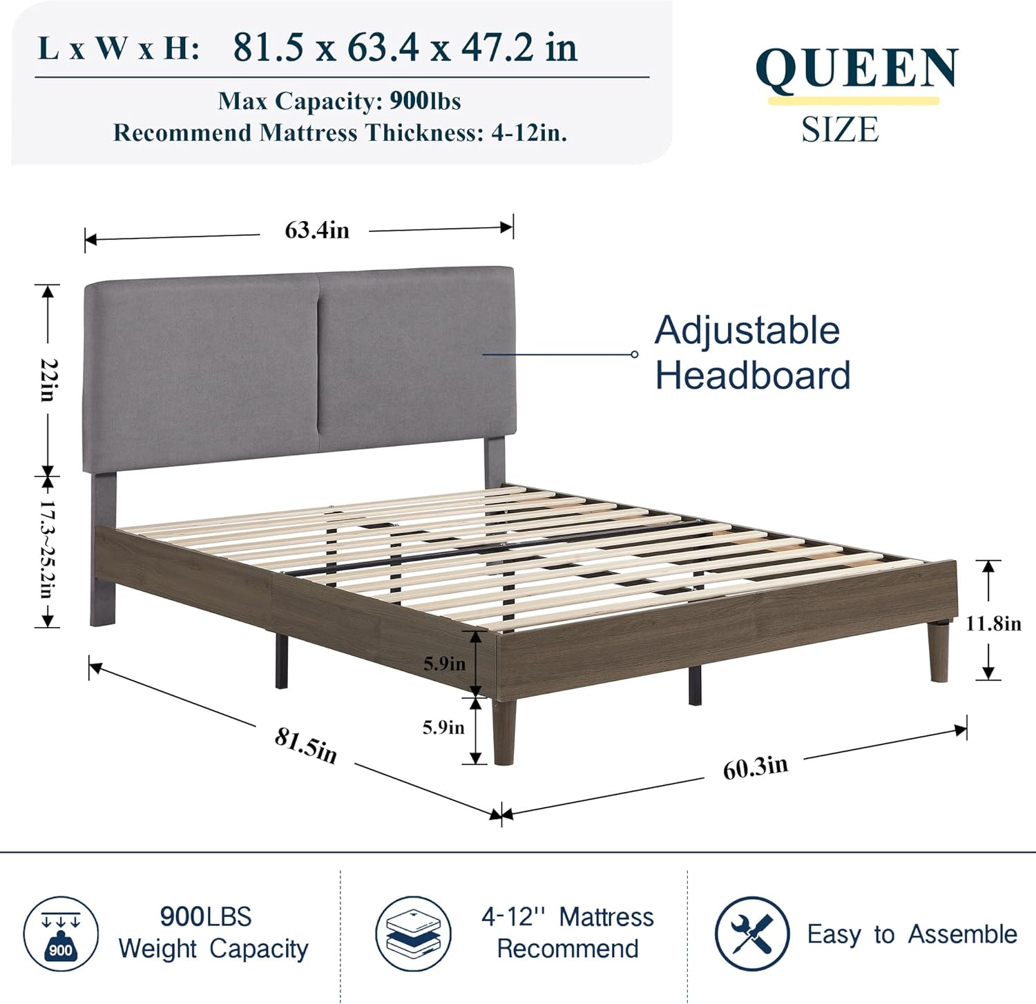 VECELO Upholstered Platform Bed Frame with Height-Adjustable Cotton and Linen Headboard
