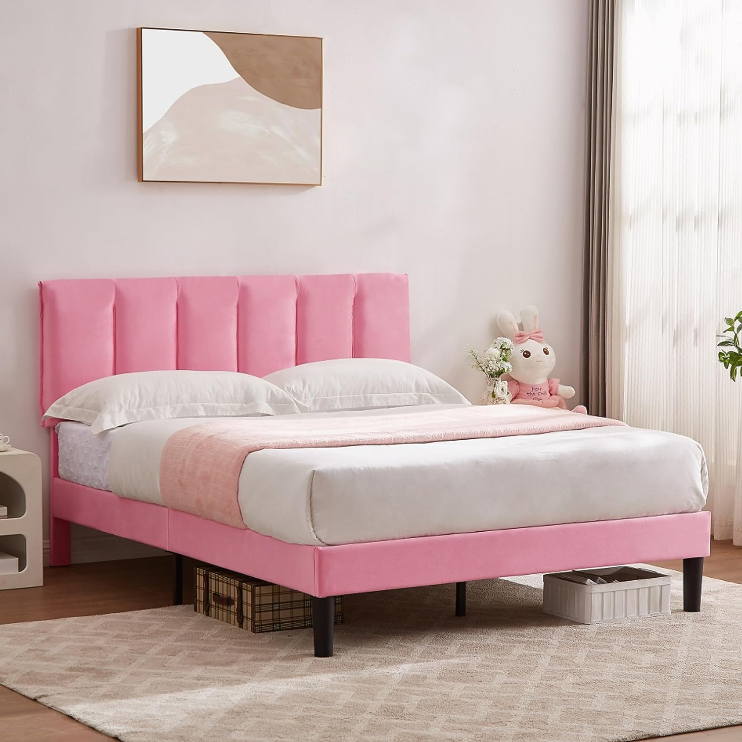 VECELO Modern Upholstered Platform Bedframe, Adjustable Headboard - VECELO