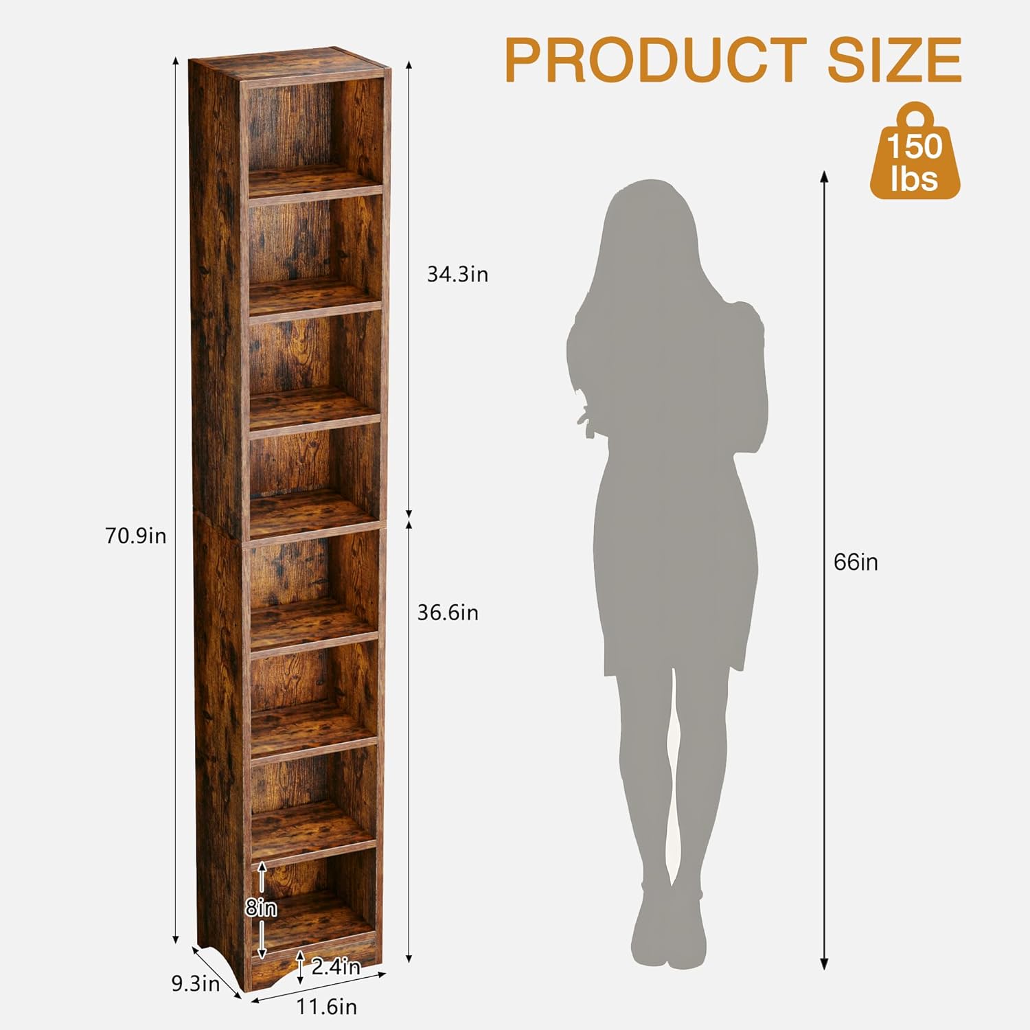 VECELO 8-Tier Tall Narrow Bookshelf