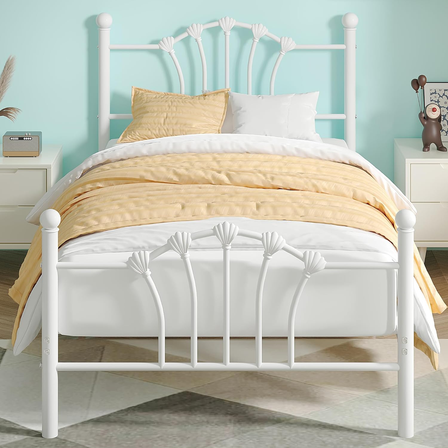 VECELO Twin Size Metal Bed Frame with Shell Headboard and Footboard