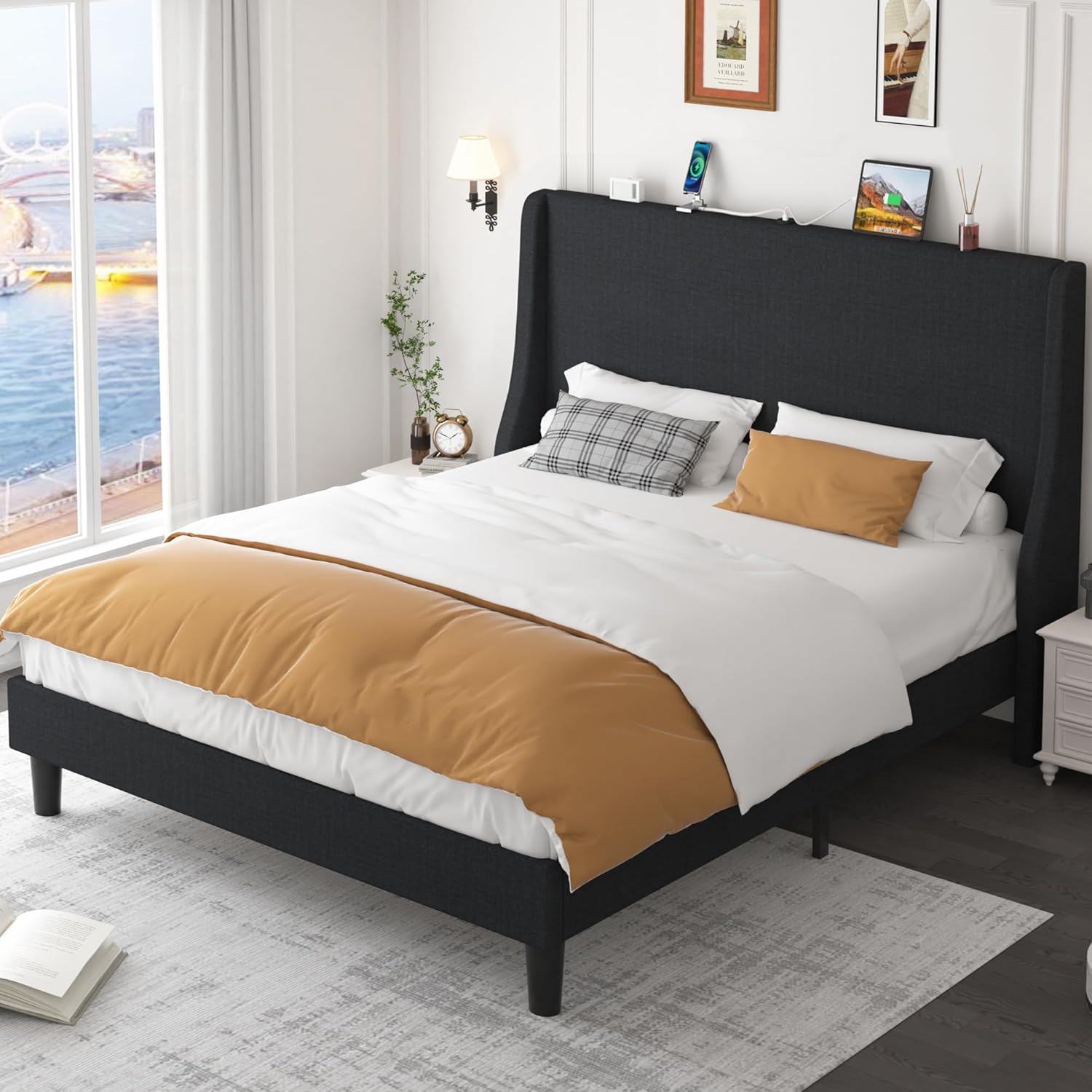 VECELO Bed Frame with Upholstered Wingback Headboard