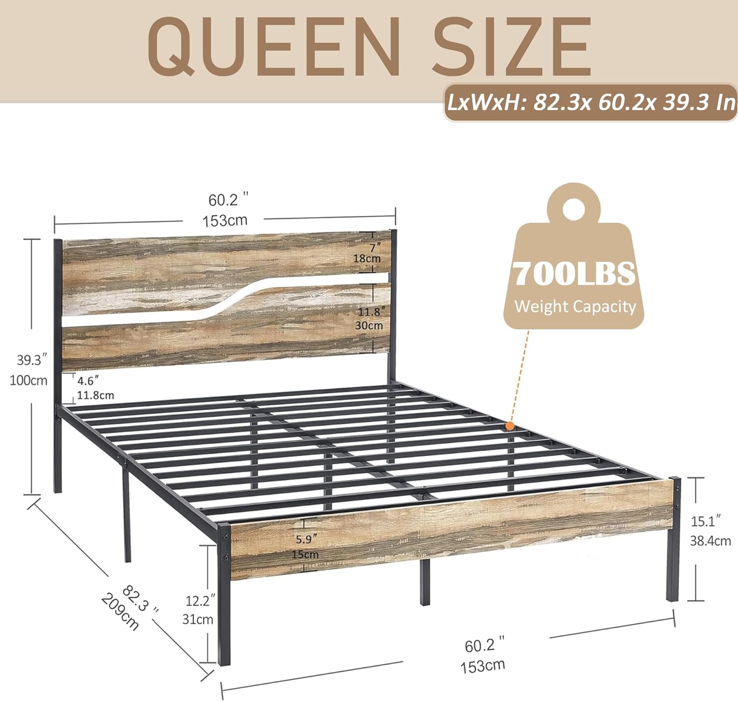 VECELO Platform Bed Frame/Mattress Foundation with Rustic Vintage Wood Headboard