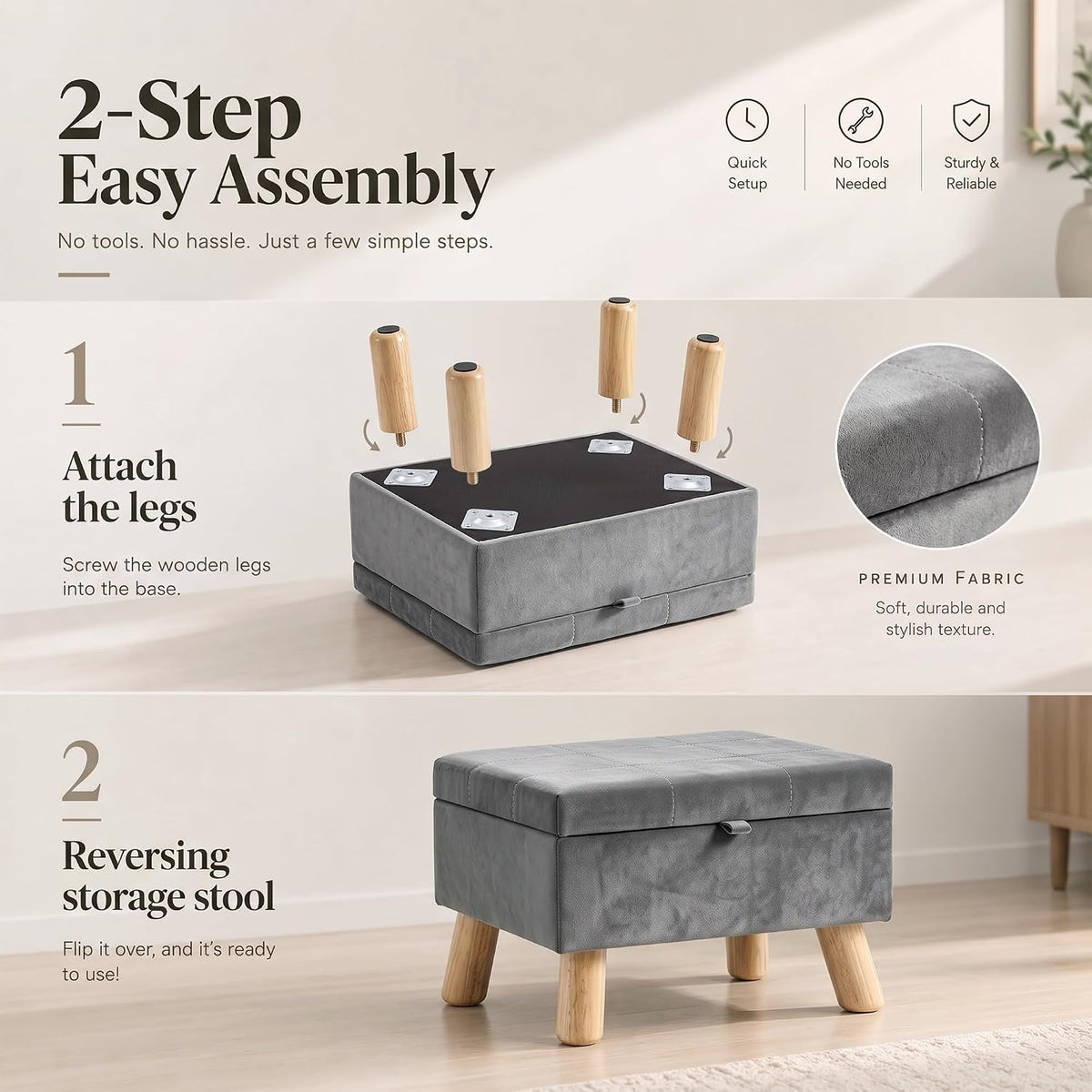 VECELO Storage Ottoman Under Desk Small Foot Stool with Wood Legs