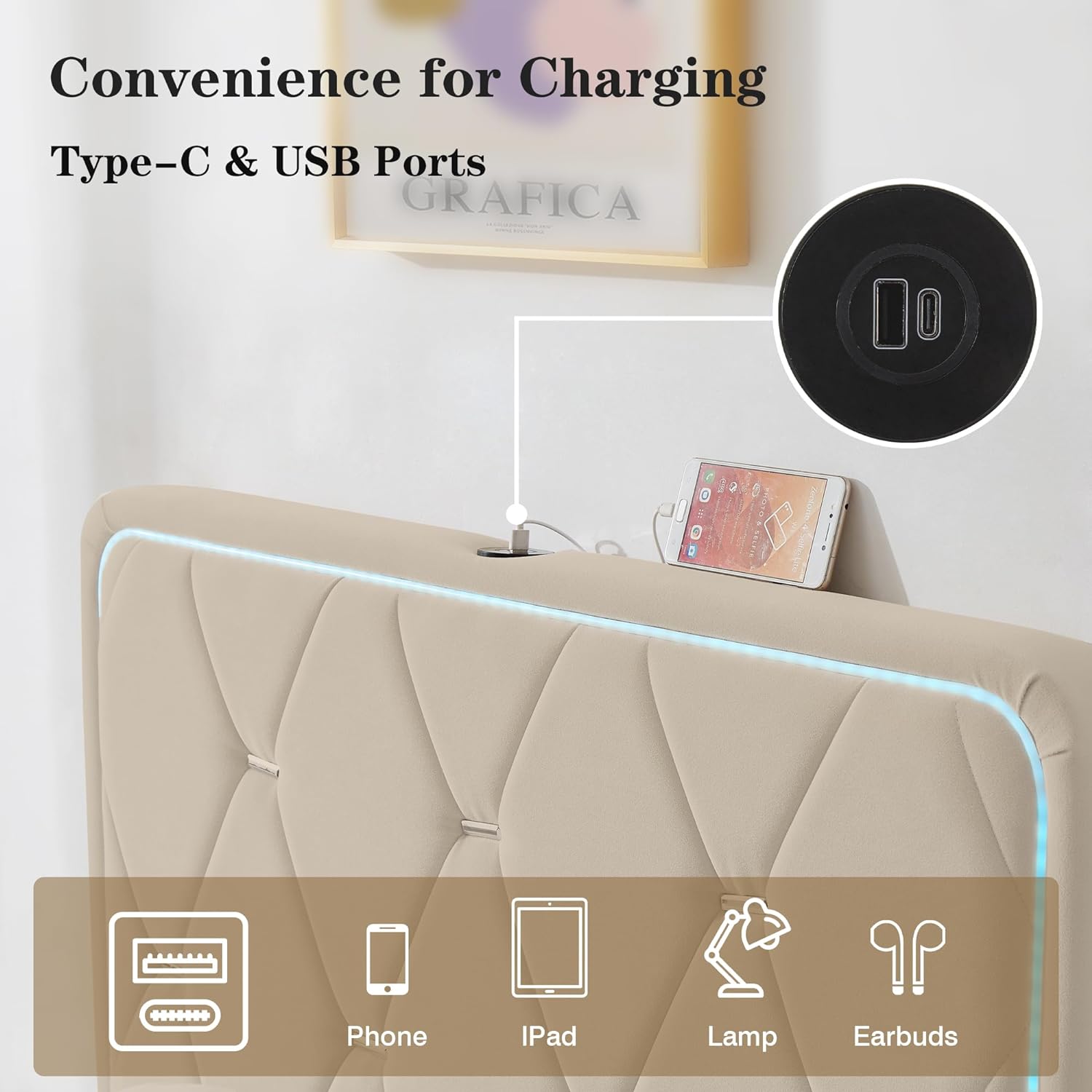 VECELO Upholstered Bed Frame with LED Lights, Charging Station, Velvet Platform Bed