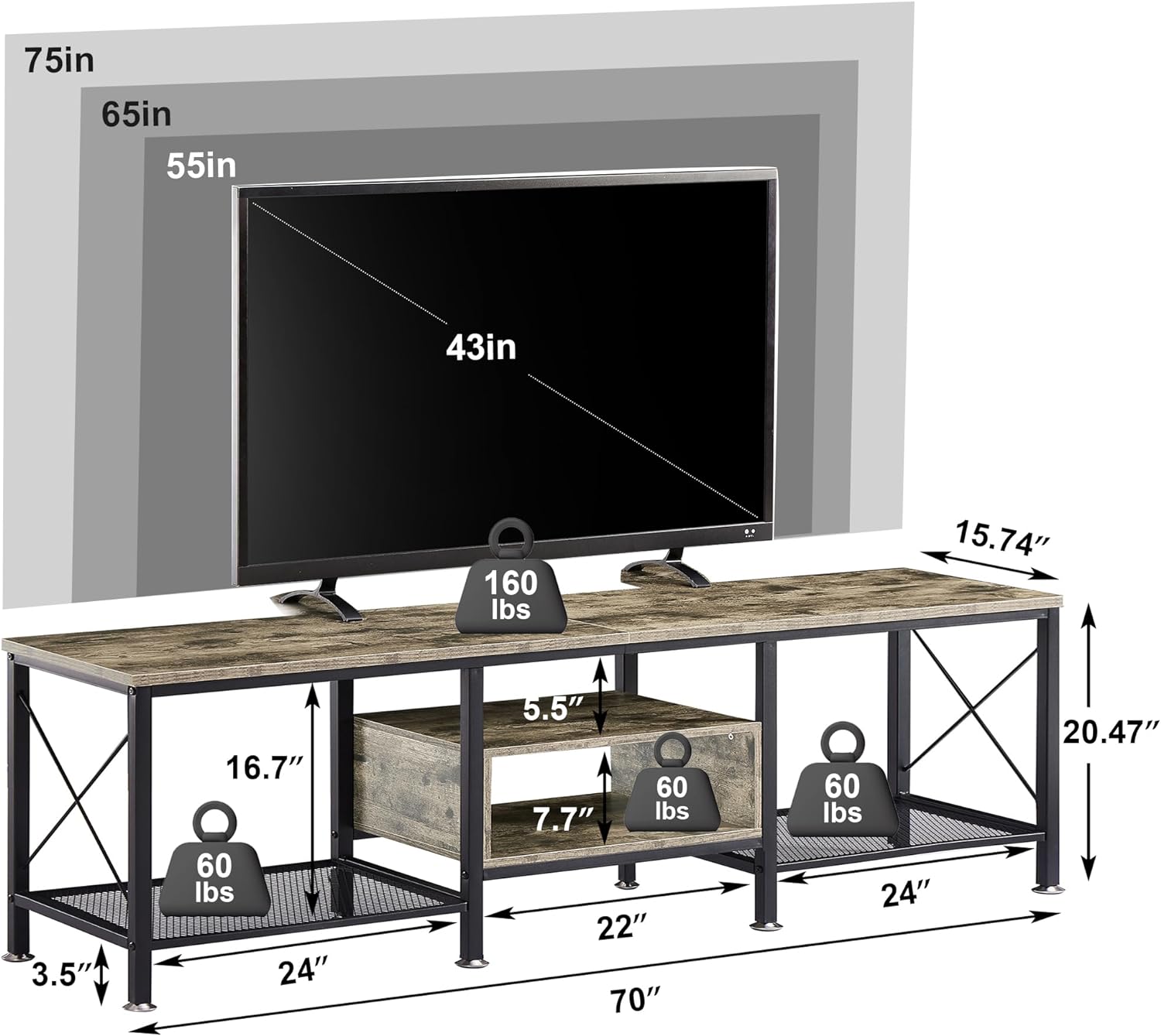 VECELO Industrial TV Stand Television Cabinet 3-Tier Console with Open Storage Shelves, Entertainment Center with Metal Frame for Living Room - VECELO