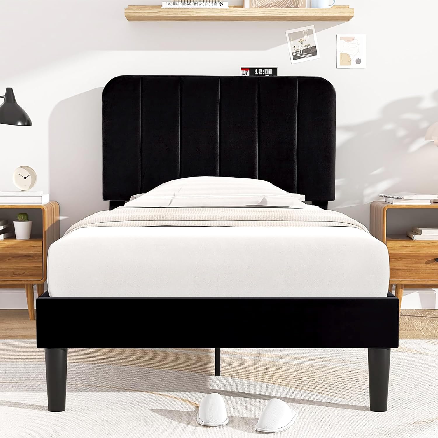 VECELO Twin Size Bed Frame with Adjustable Headboard, Velvet Heavy Duty Platform Beds with Strong Wood Slats Support