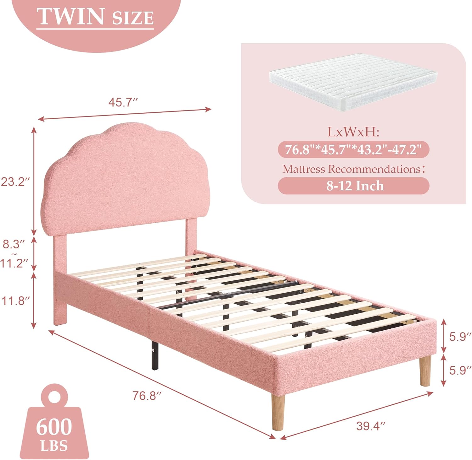VECELO Twin Size Bed Frame, Upholstered Platform Bedframe with Height Adjustable Plush Fabric Headboard