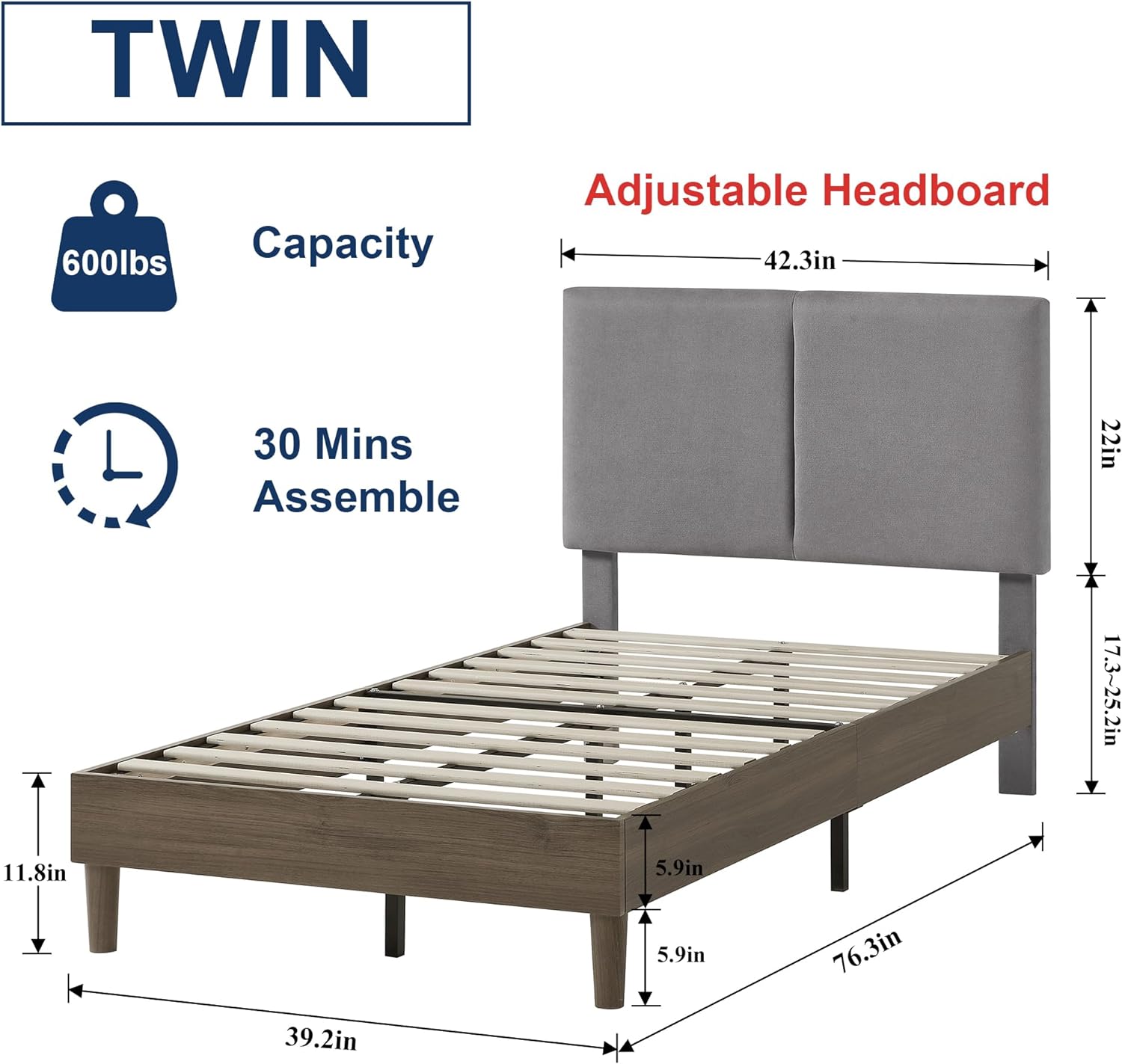 VECELO Upholstered Platform Bed Frame with Height-Adjustable Cotton and Linen Headboard