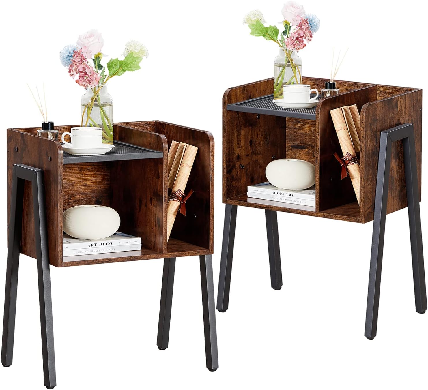 VECELO Industrial Side End Table/Nightstand Stackable Accent Furniture with 2-Tier Open Storage Compartments - VECELO