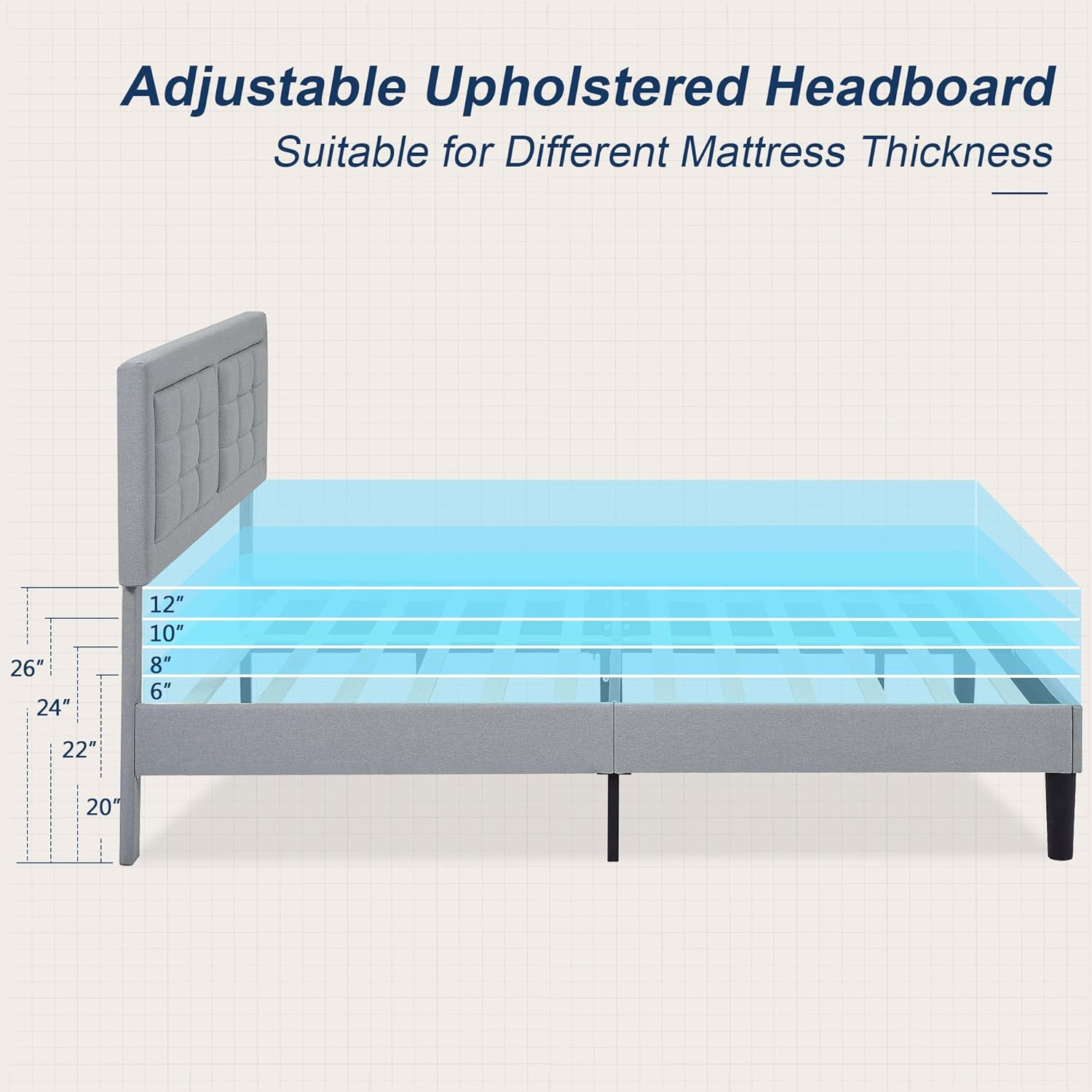 VECELO Upholstered Platform Bed Frame with Height Adjustable Headboard - VECELO