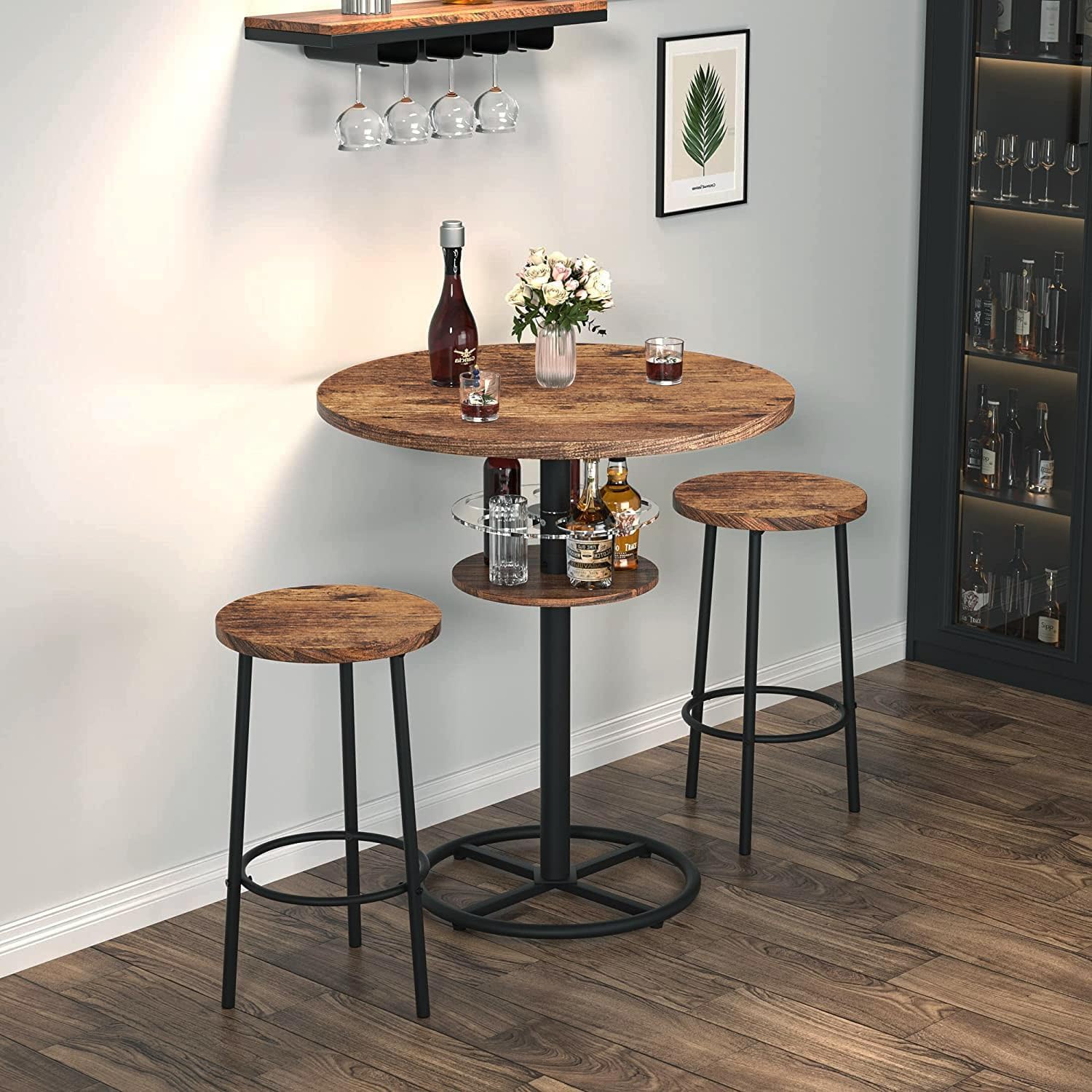 VECELO 3 Piece Bar Table Set, Small 2-Tier Round Pub Table with Barstools - VECELO
