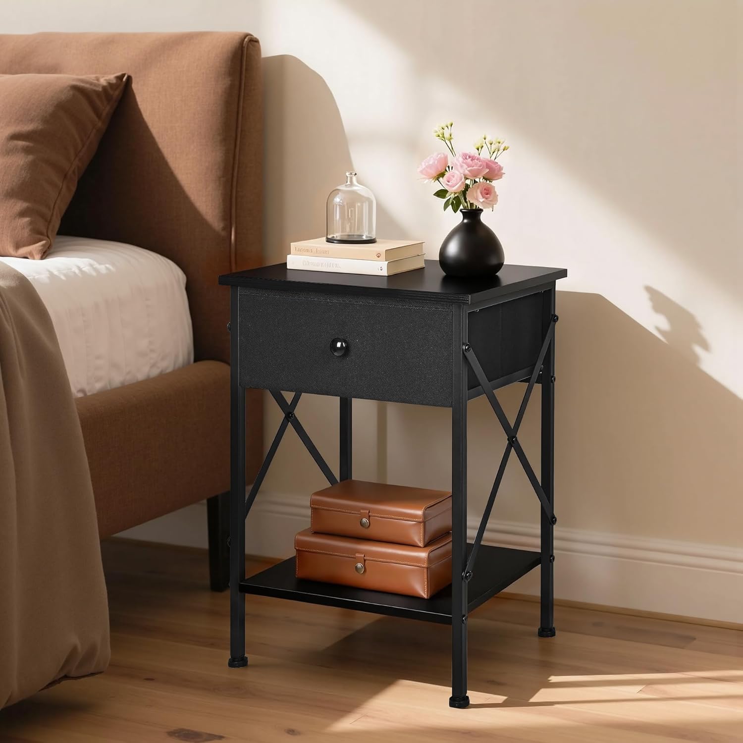 VECELO Nightstand Set of 2, X-Design End Side Table with Fabric Storage Drawer and Open Shelf