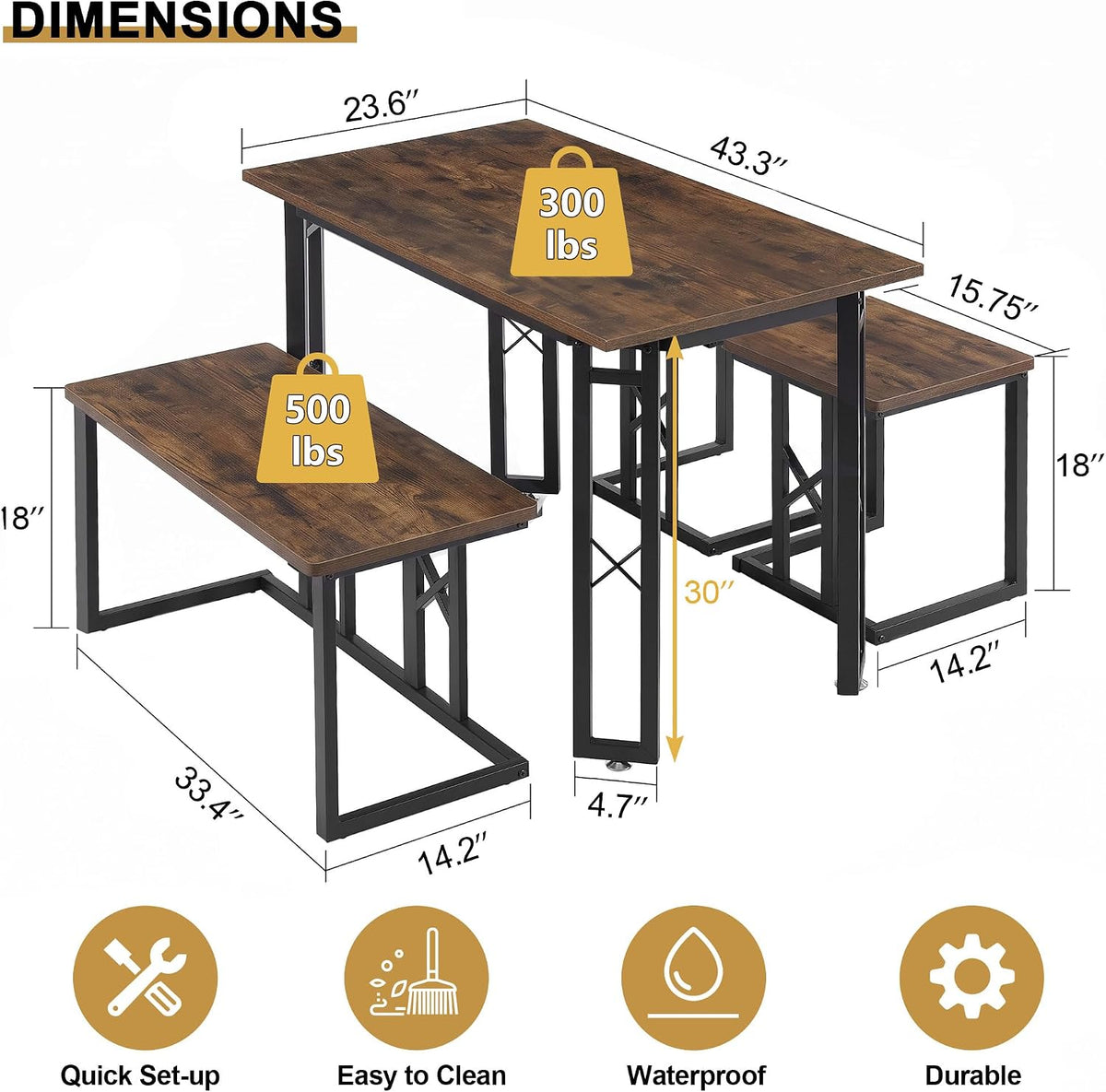 VECELO 43.3" Dining Table Set for 4