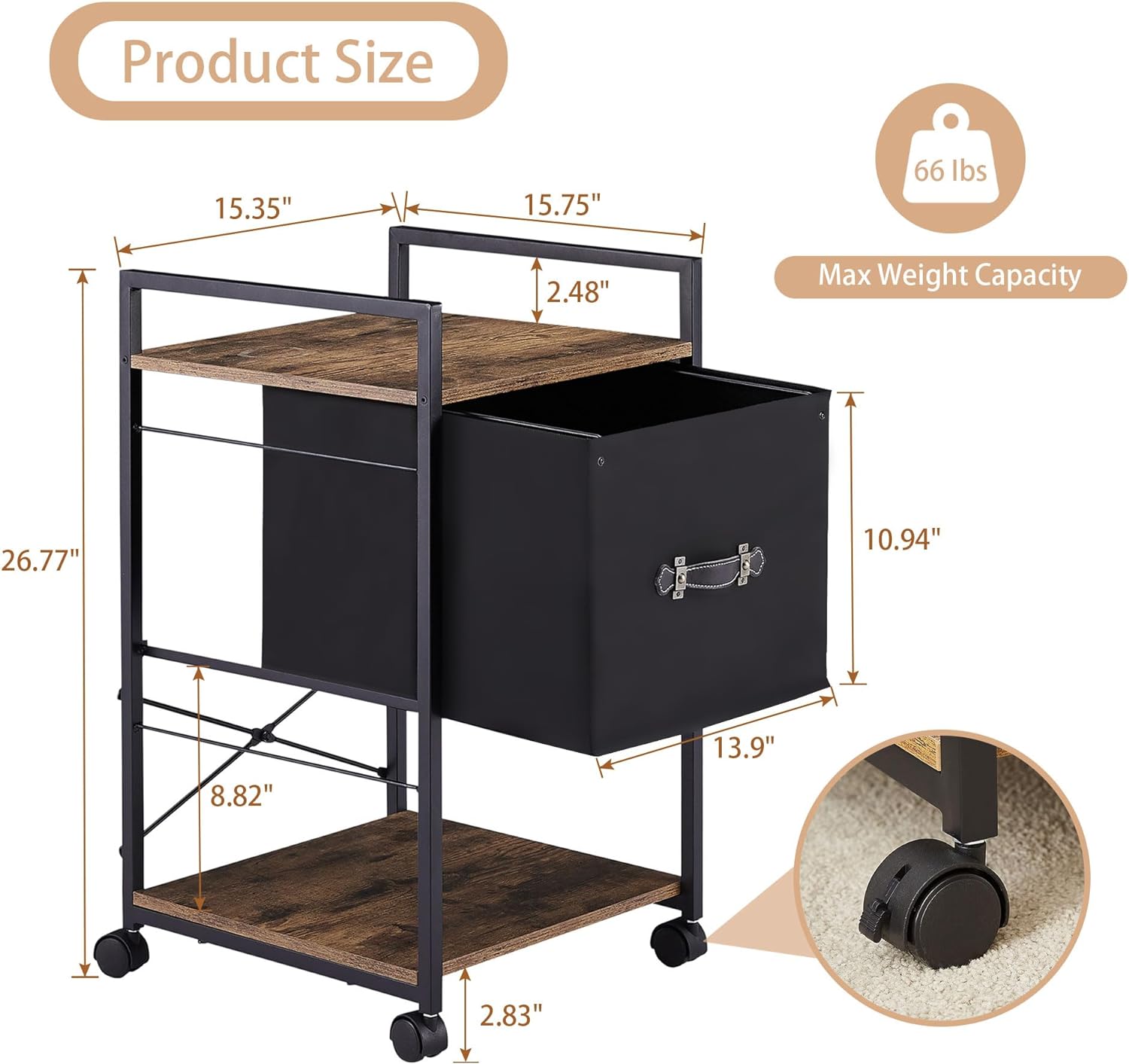 VECELO Mobile Vertical Filing Cabinet, Rolling Printer Shelf with Handle